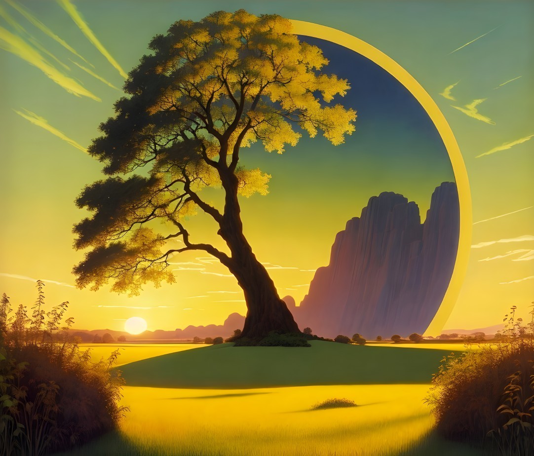 Solitary Tree Silhouetted at Vibrant Sunset Landscape