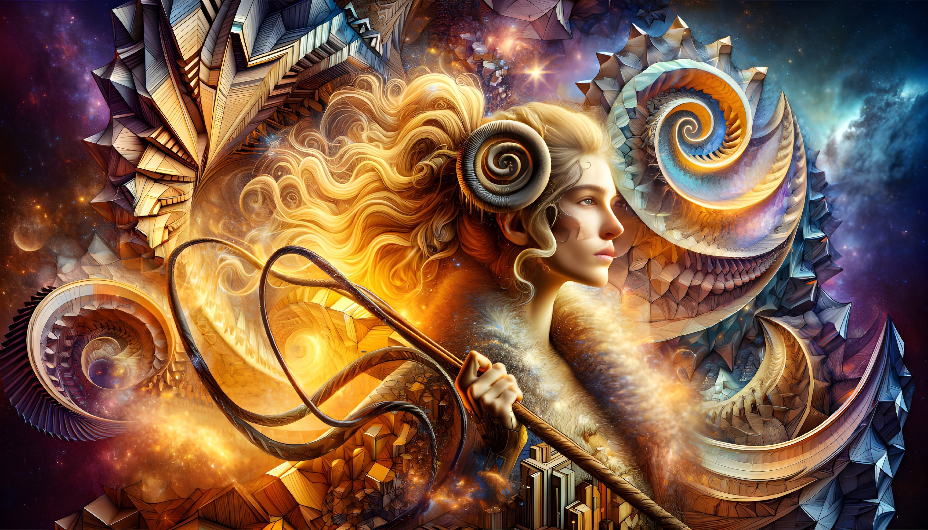 Fantastical digital artwork: Woman with golden hair and cosmic elements