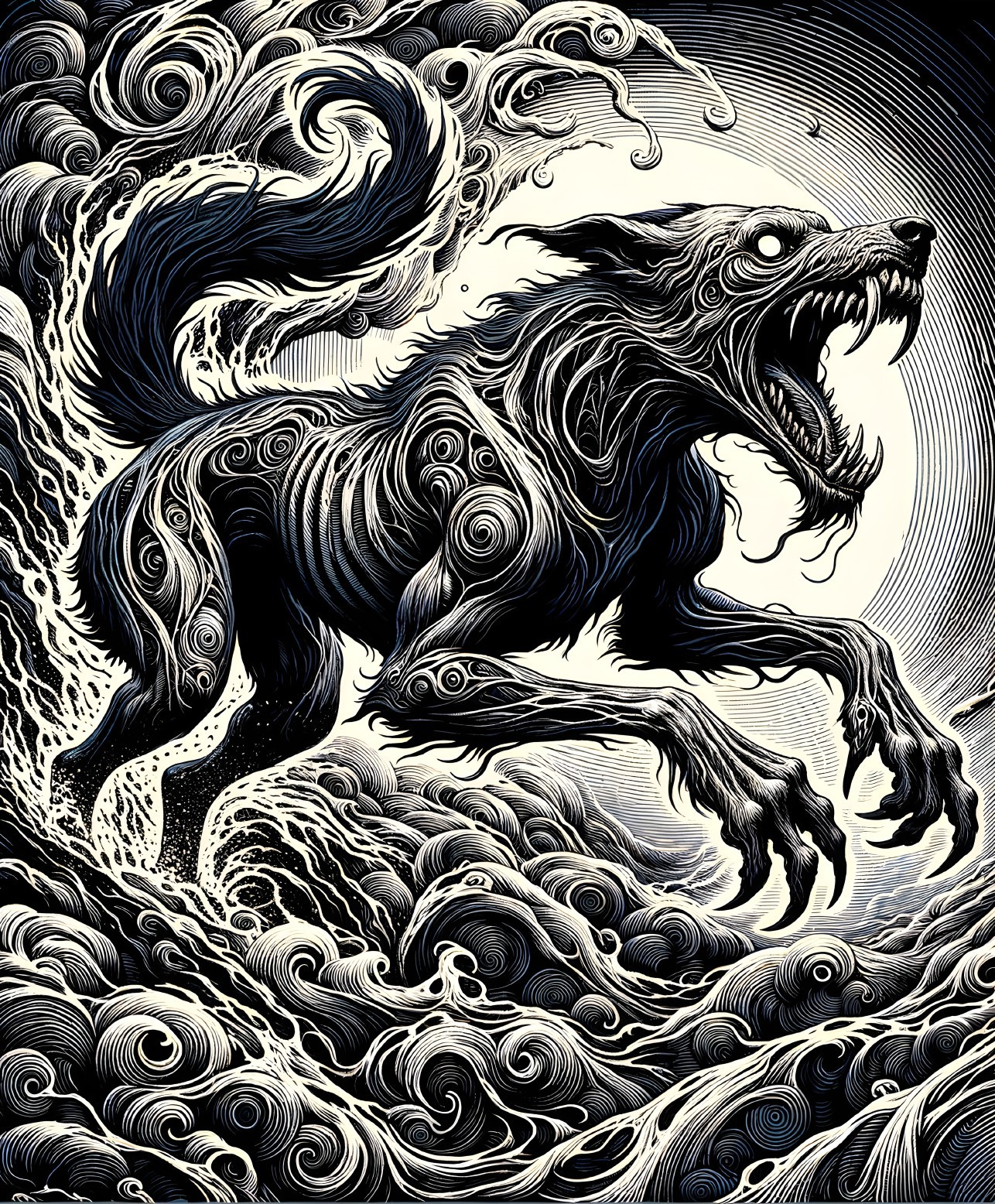 Monochromatic wolf illustration in swirling waves.