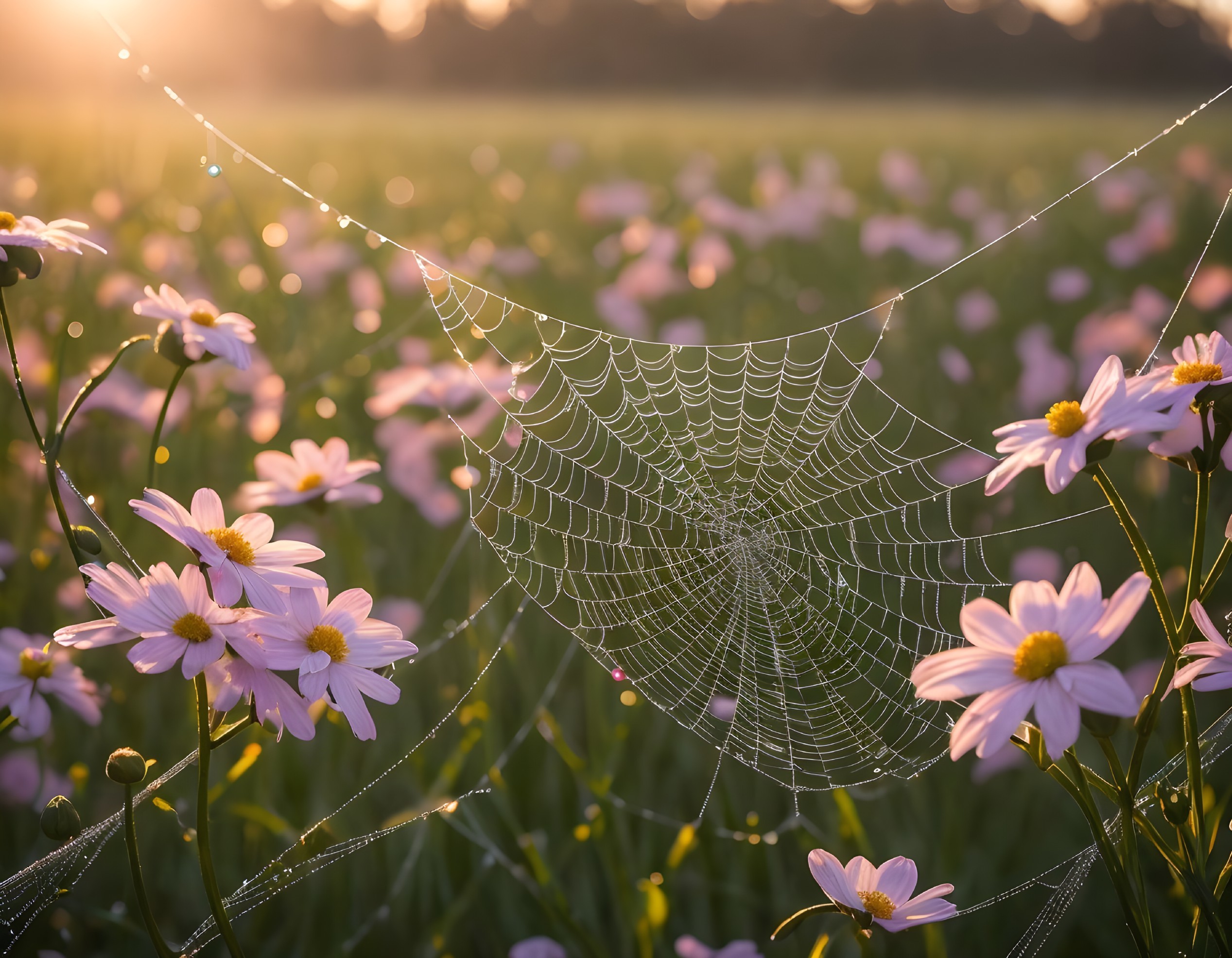 Dew-covered spider web between flowers at sunrise