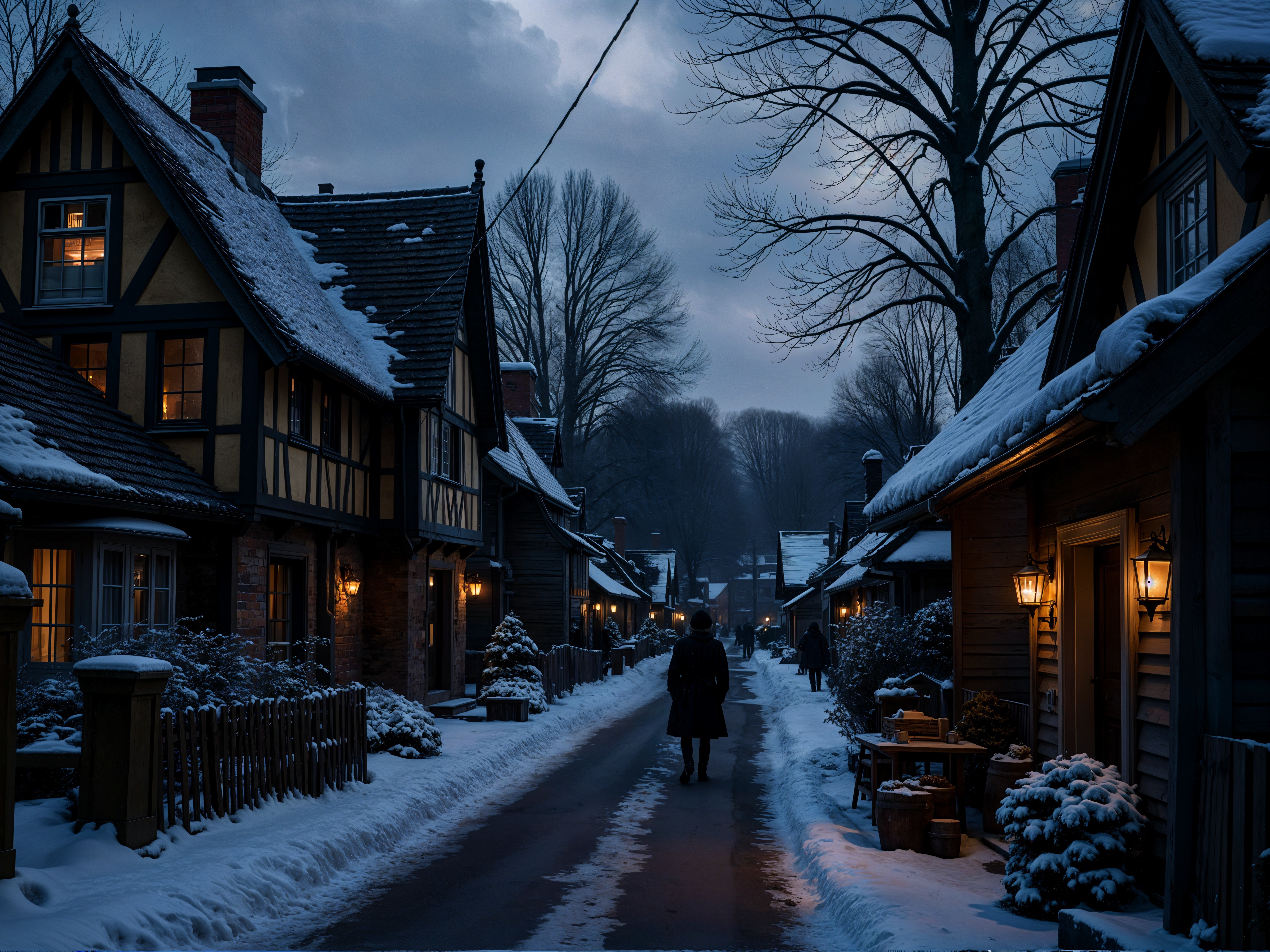 Winter Evening in a Charming Village with Snow and Lights