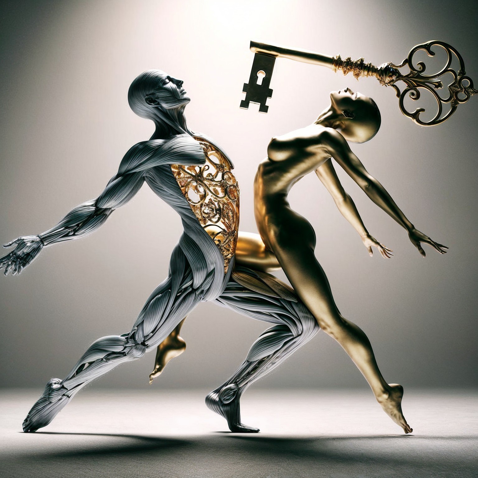 Surreal Scene of Stylized Figures in Golden Interior