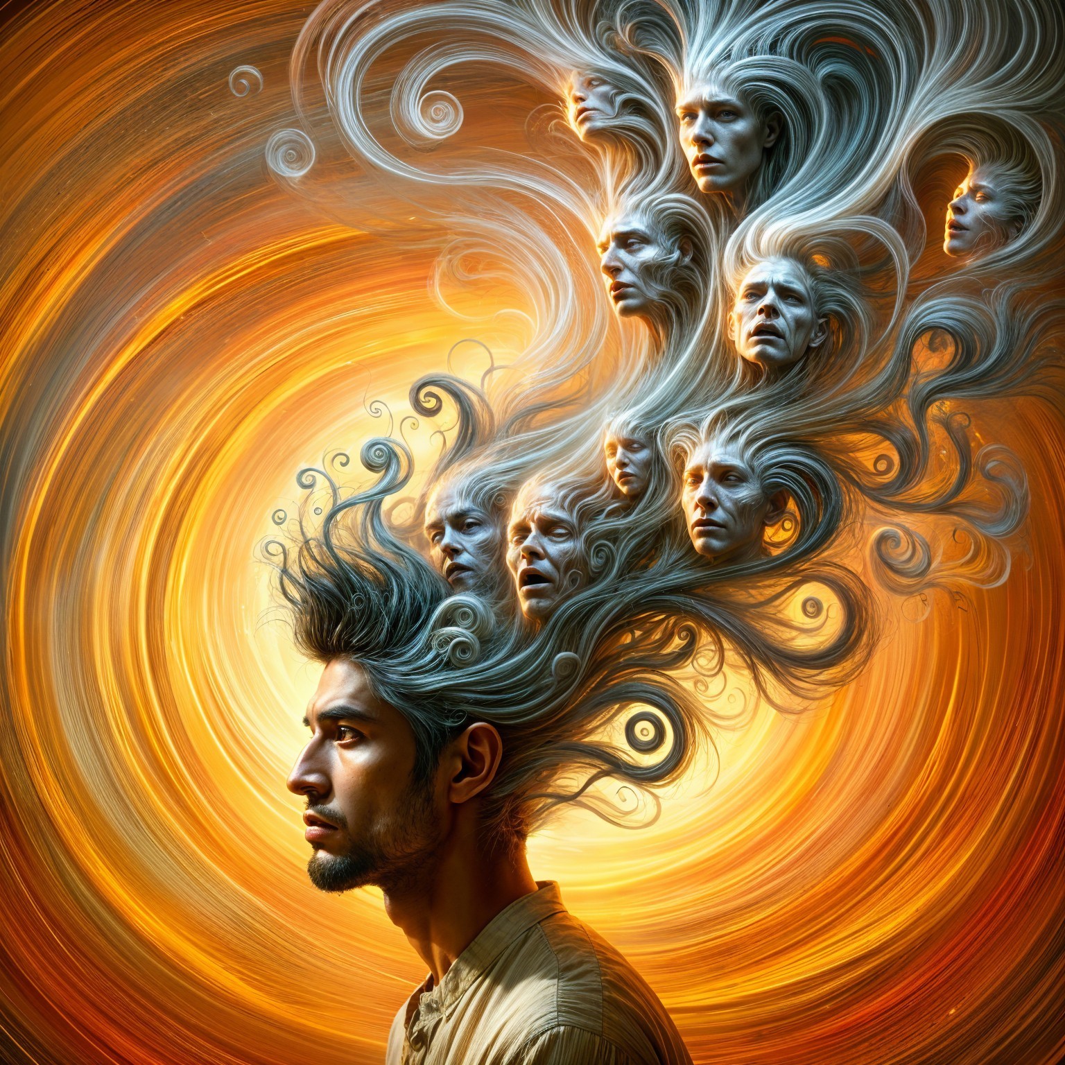 Surreal Portrait of a Young Man with Whirlwind Faces