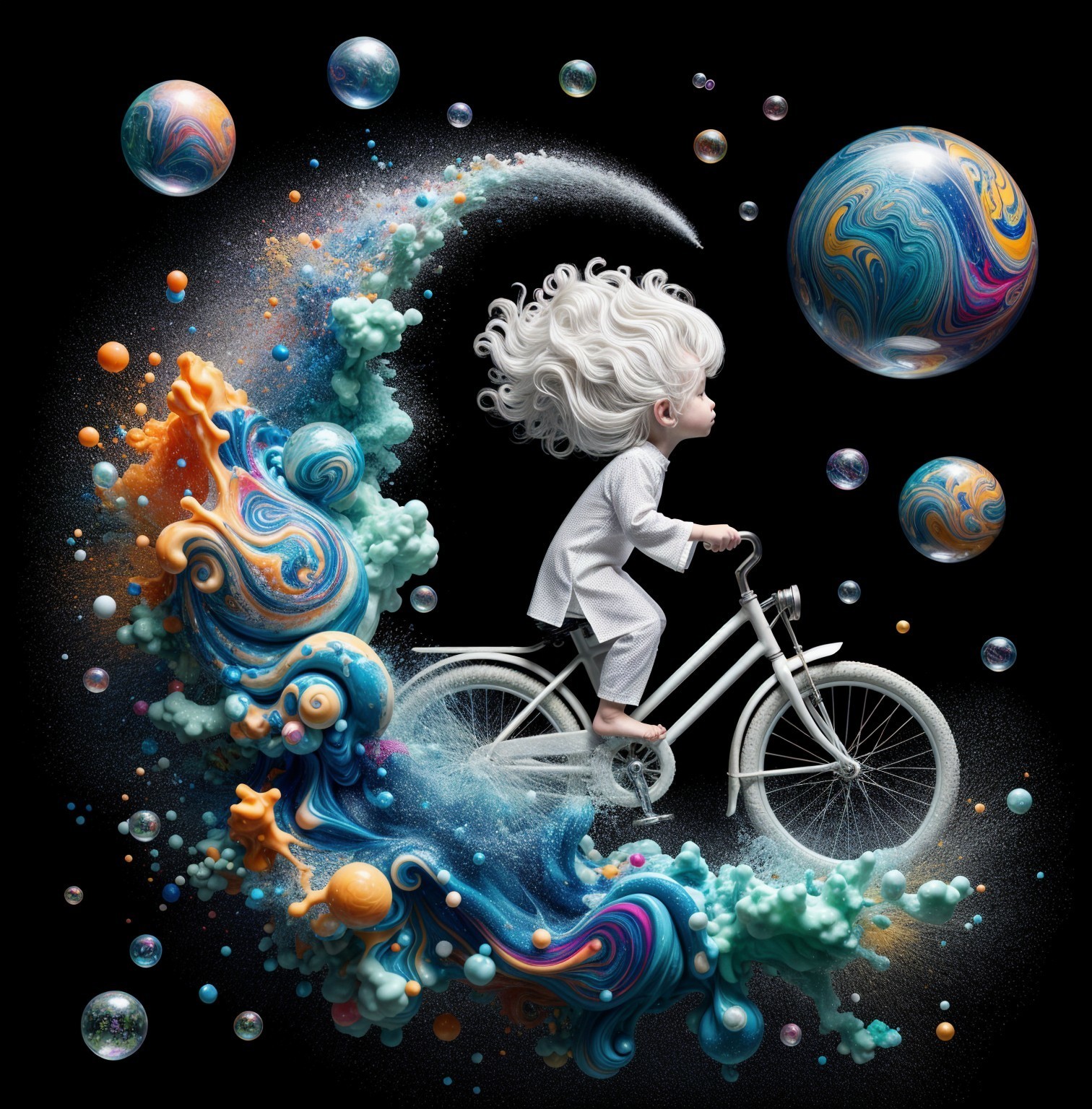 Child on Bicycle in Colorful Cosmic Scene