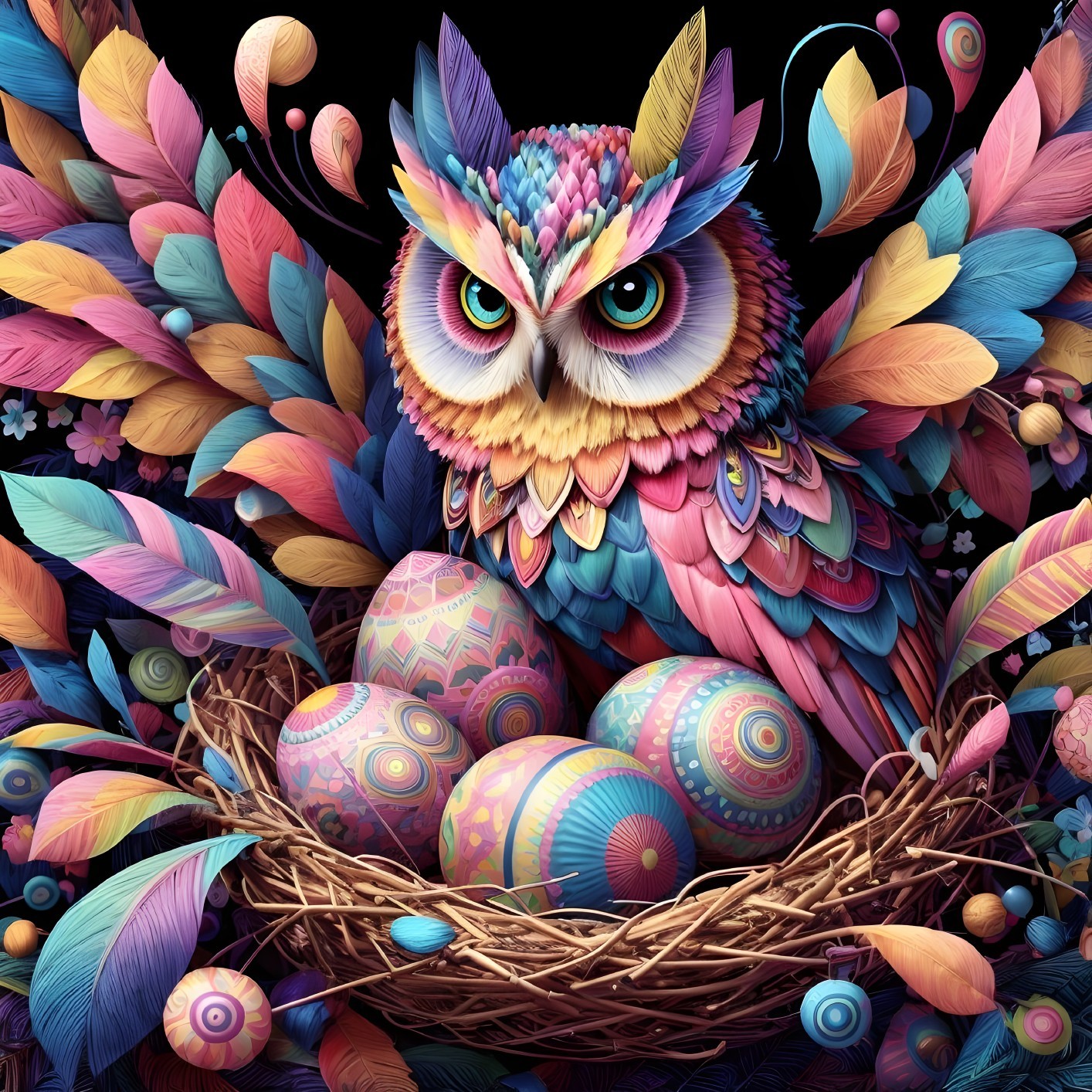 Colorful Owl Nesting Among Decorated Easter Eggs