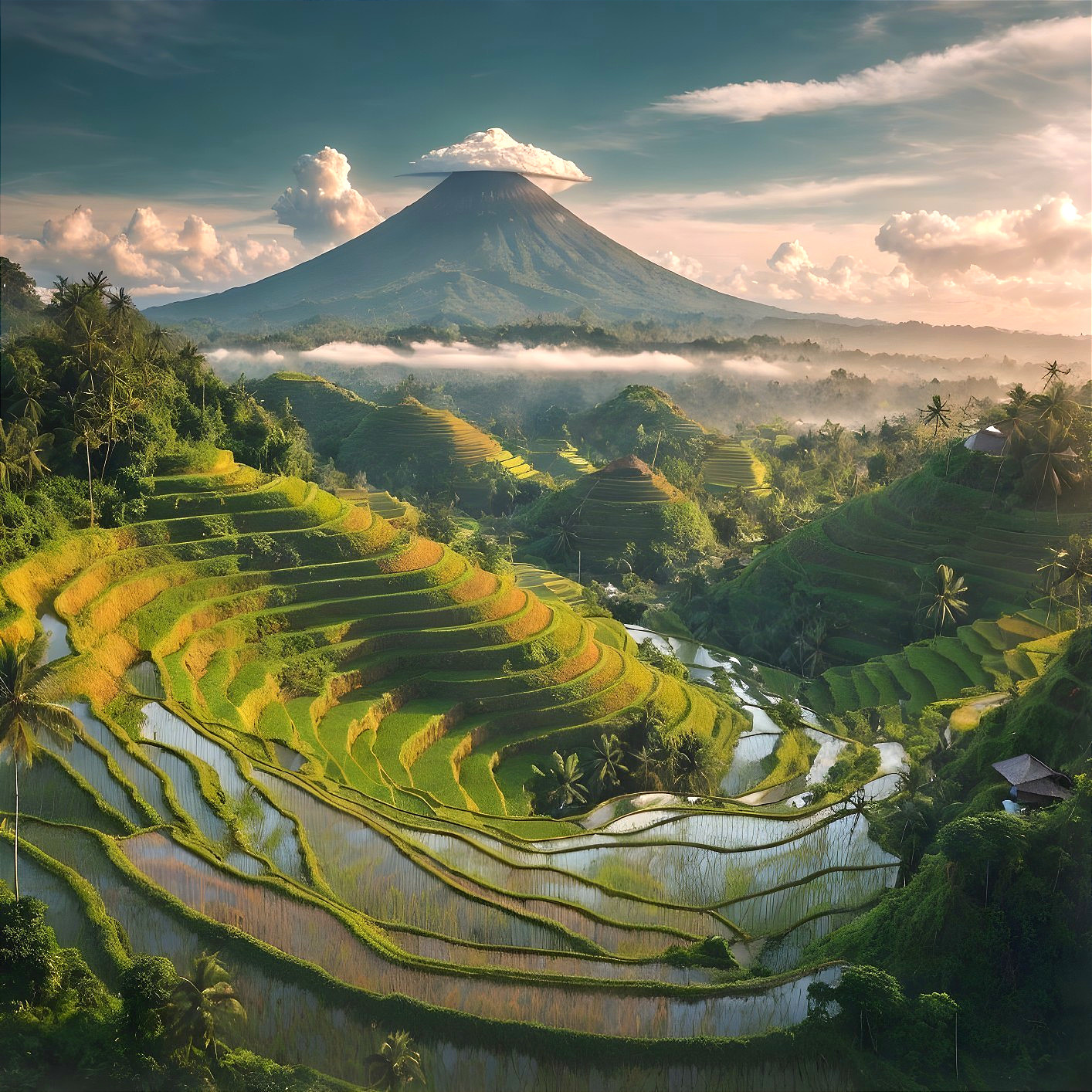 Lush Terraced Rice Fields with Majestic Volcano Background