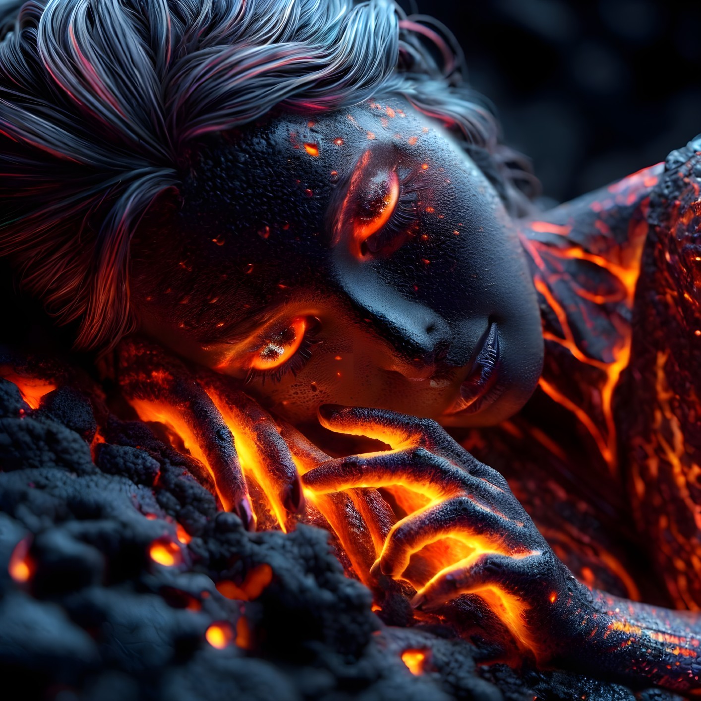 Figure in Lava Landscape with Fiery Elements