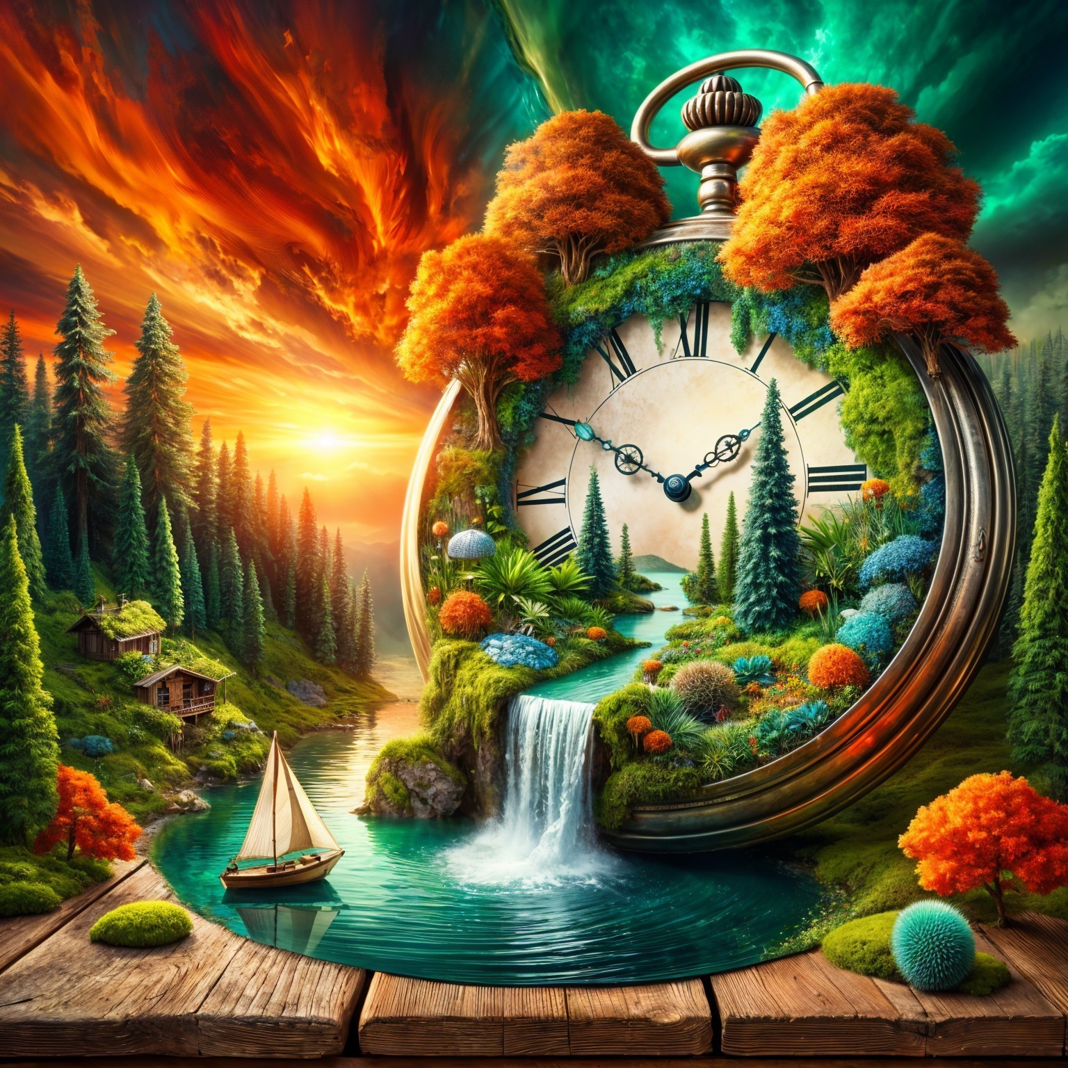 Surreal Clock in Vibrant Autumn Landscape with Miniature World