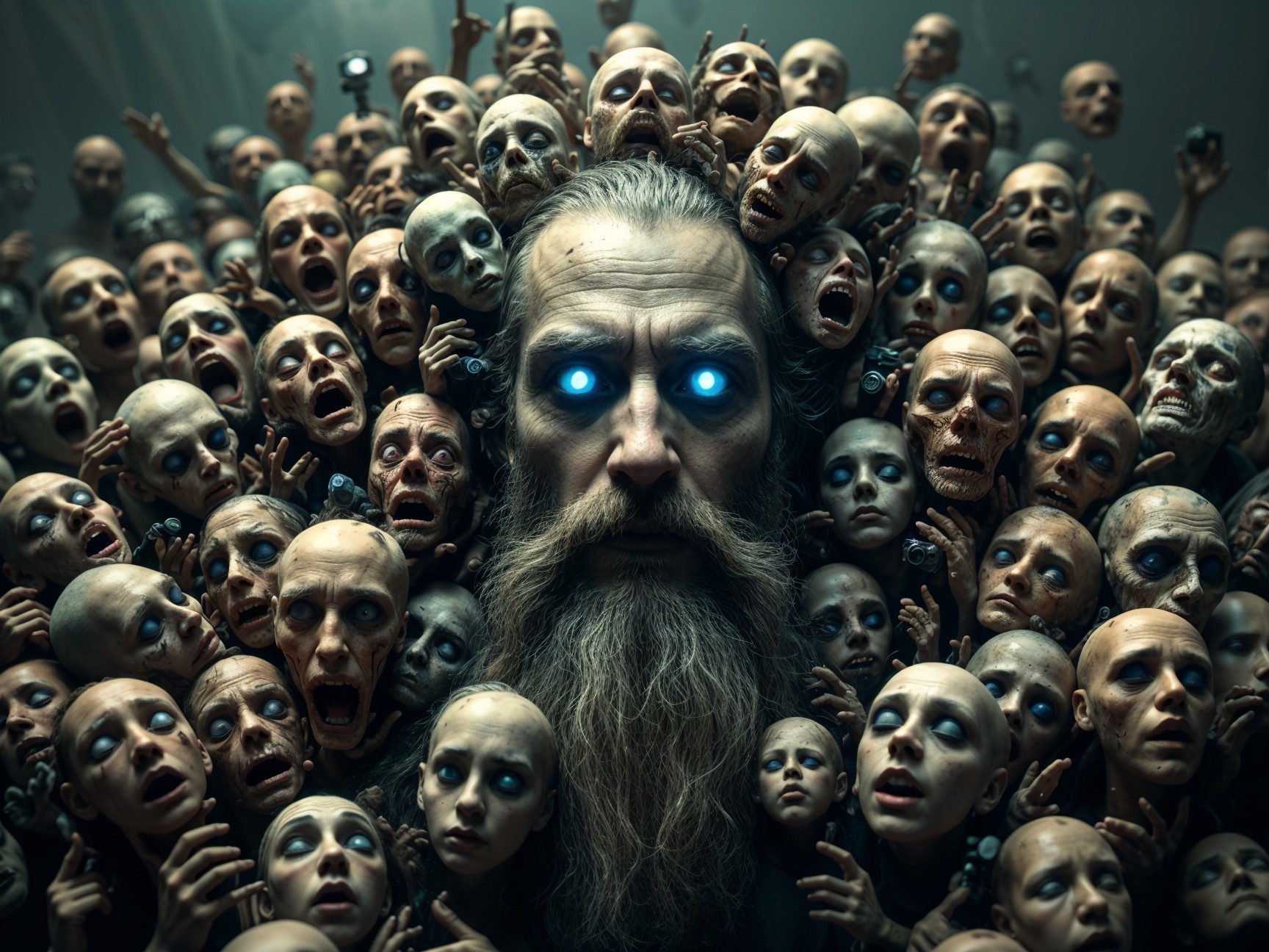 Surreal Scene with Bearded Figure and Doll Heads