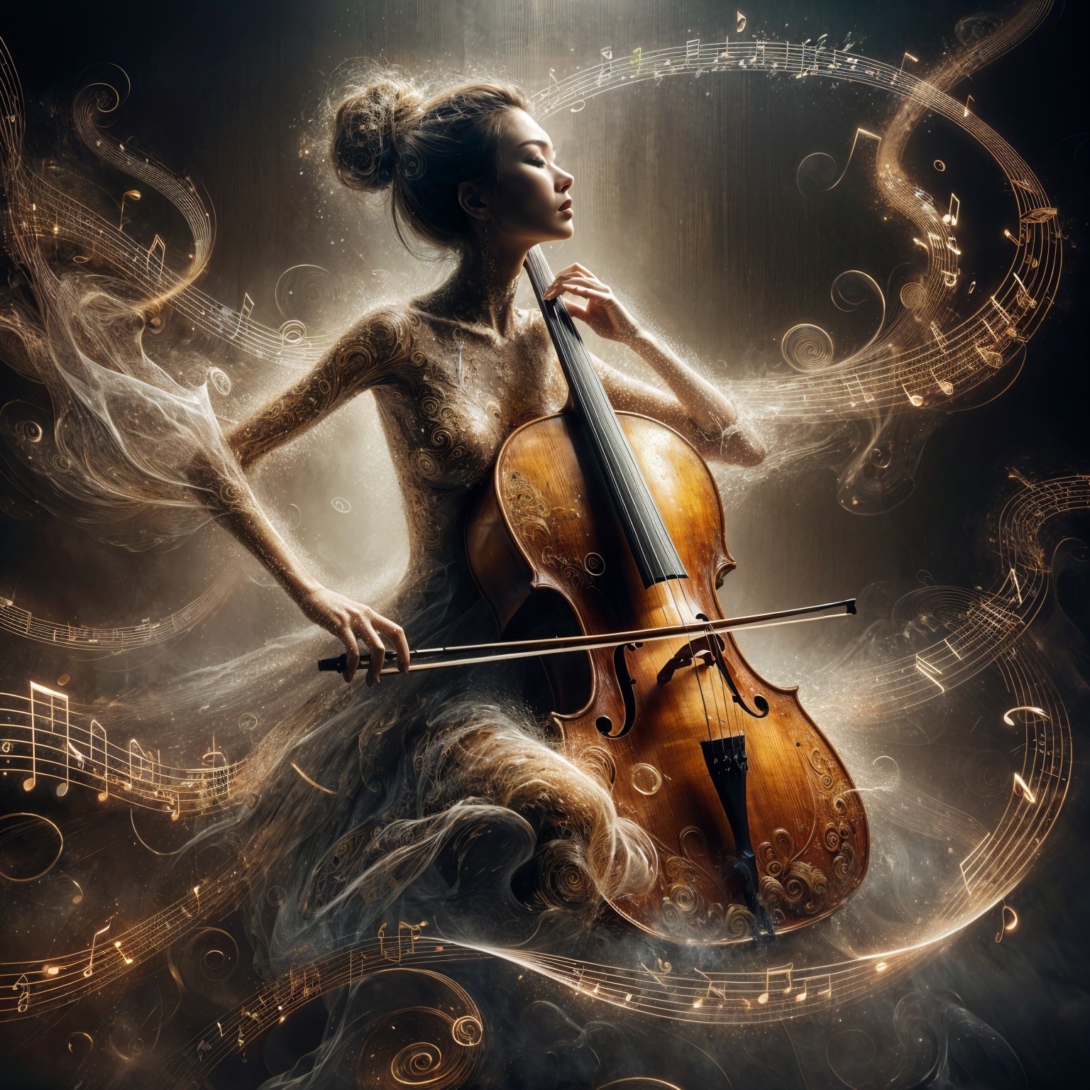 Graceful Woman Playing Cello Surrounded by Music Notes