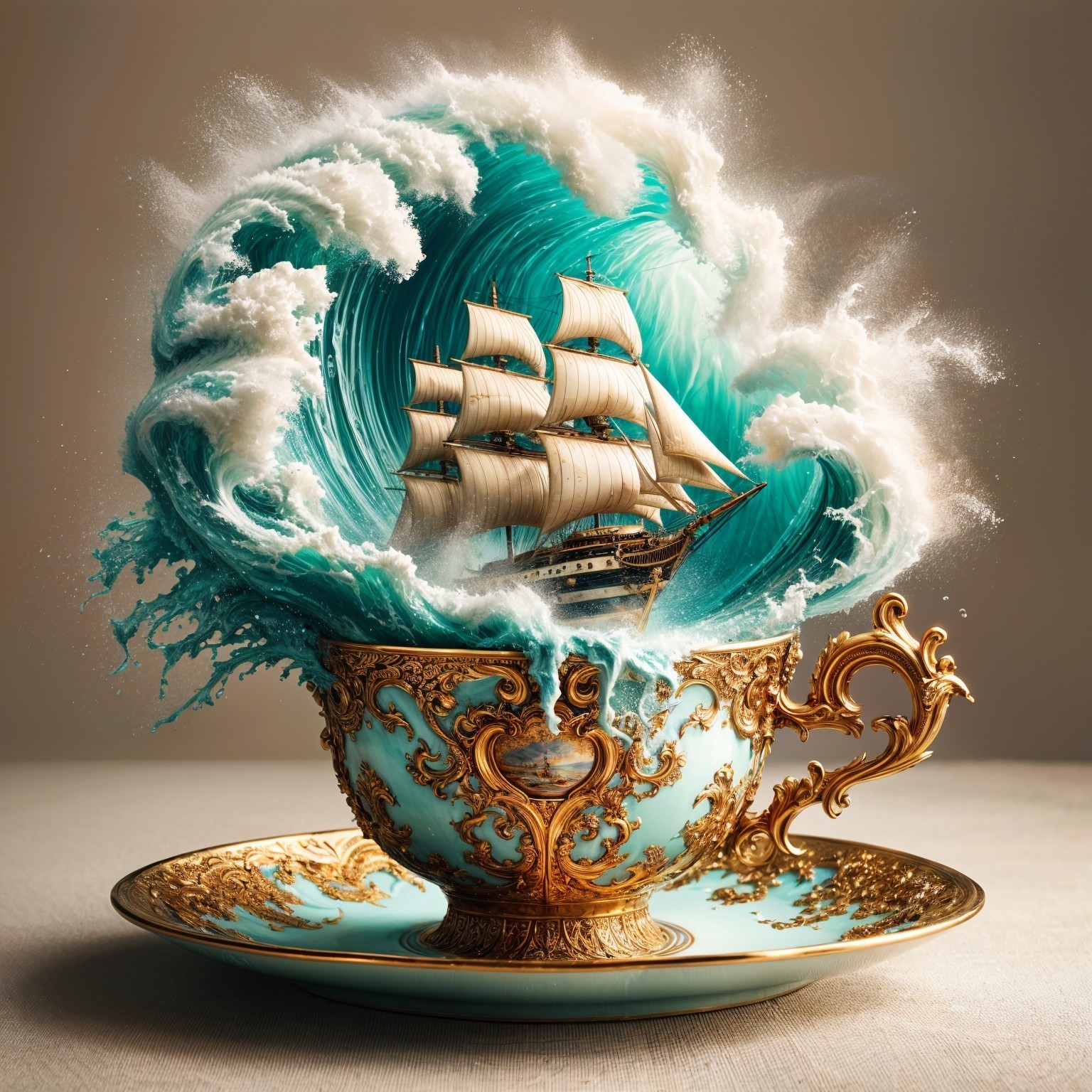 Teacup Featuring Gold Patterns and Ship in Wave Design