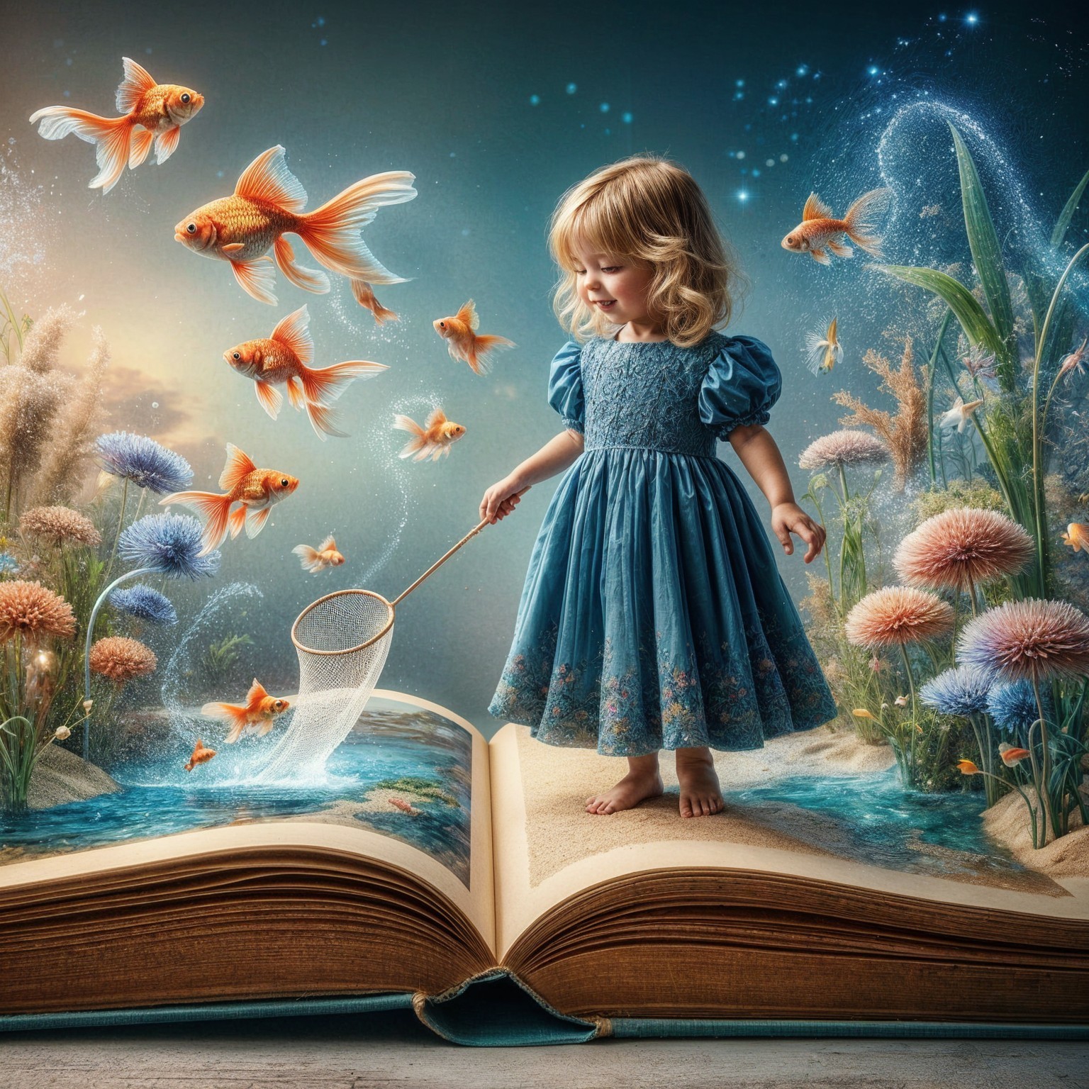 Young girl in blue dress on oversized book underwater