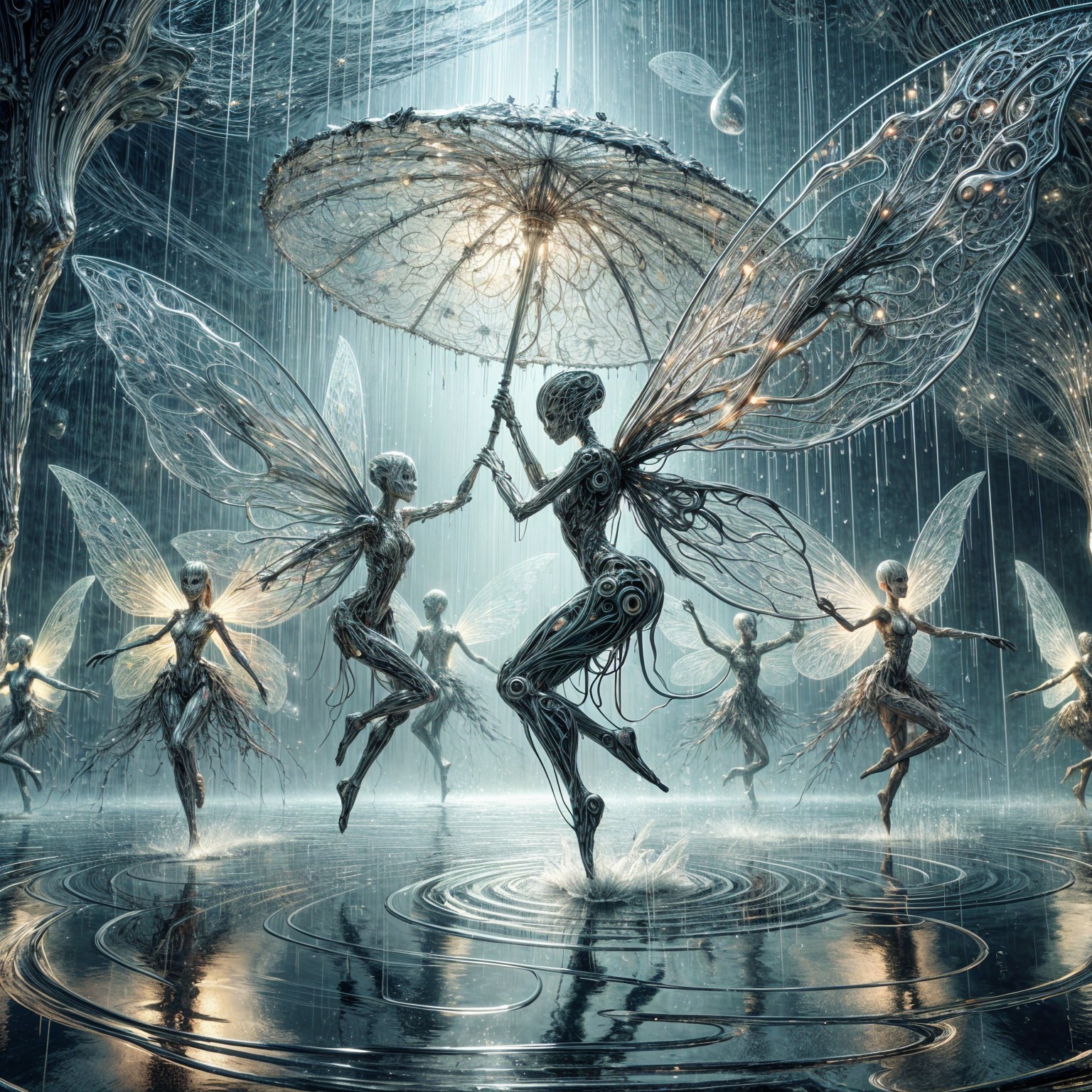 Surreal Fairies with Metallic Wings in Rainy Scene