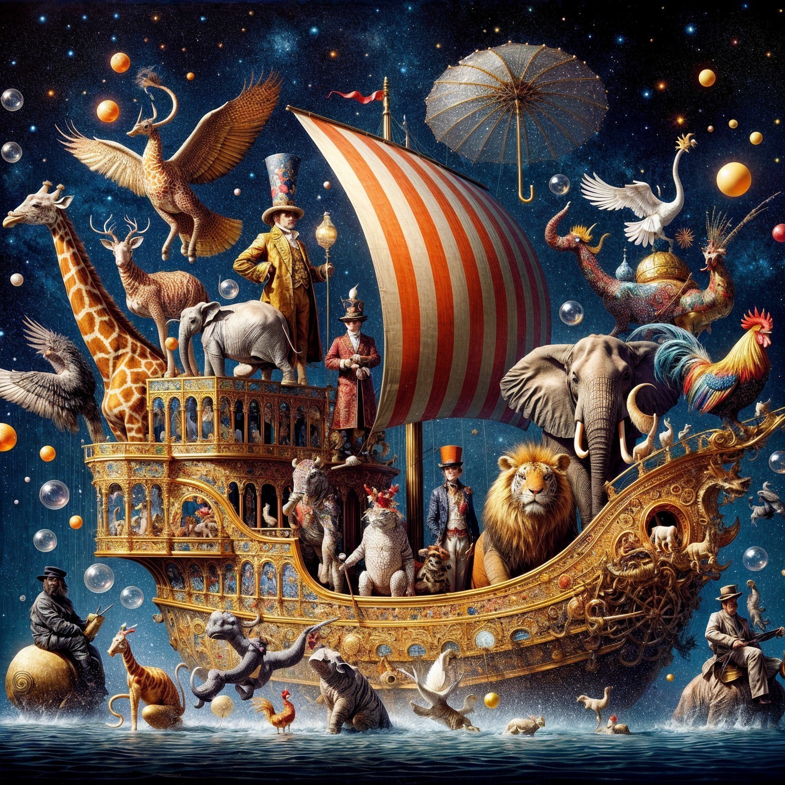 Ornate ship sailing in starry sky with whimsical animals