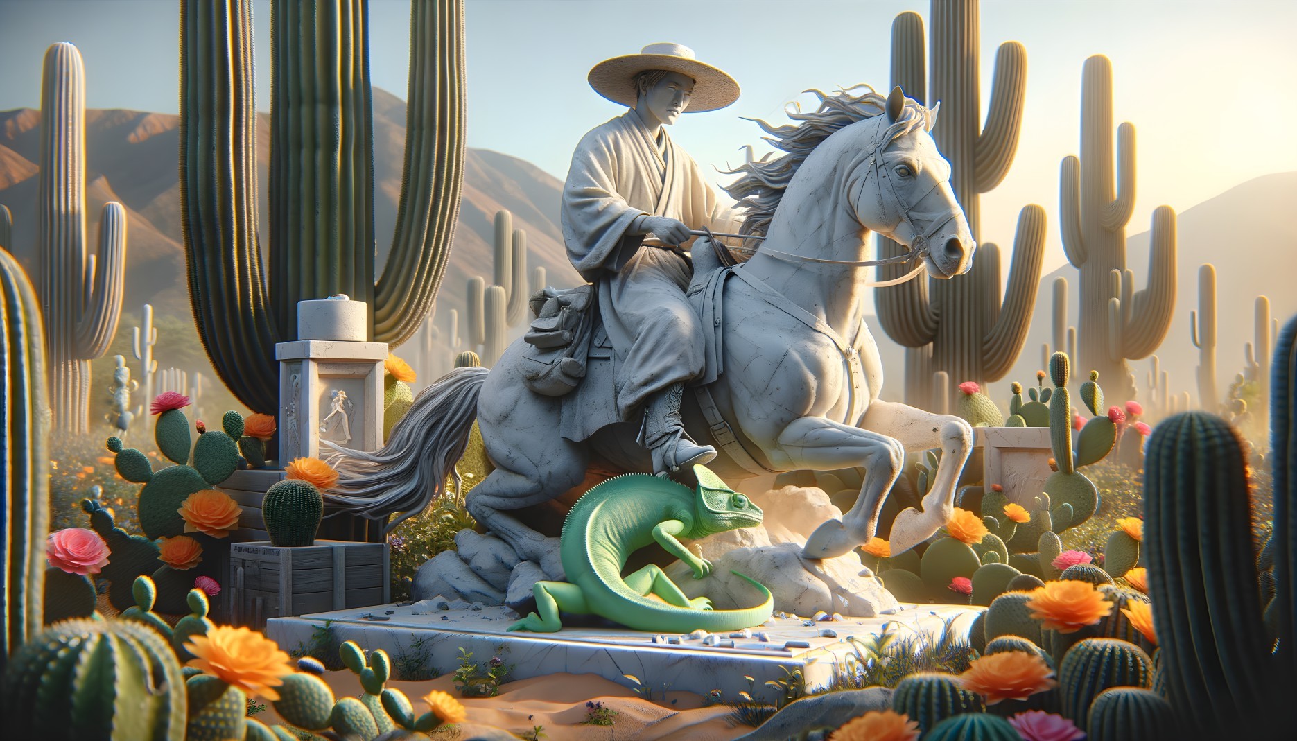 White Marble Horseman Statue in Desert Landscape