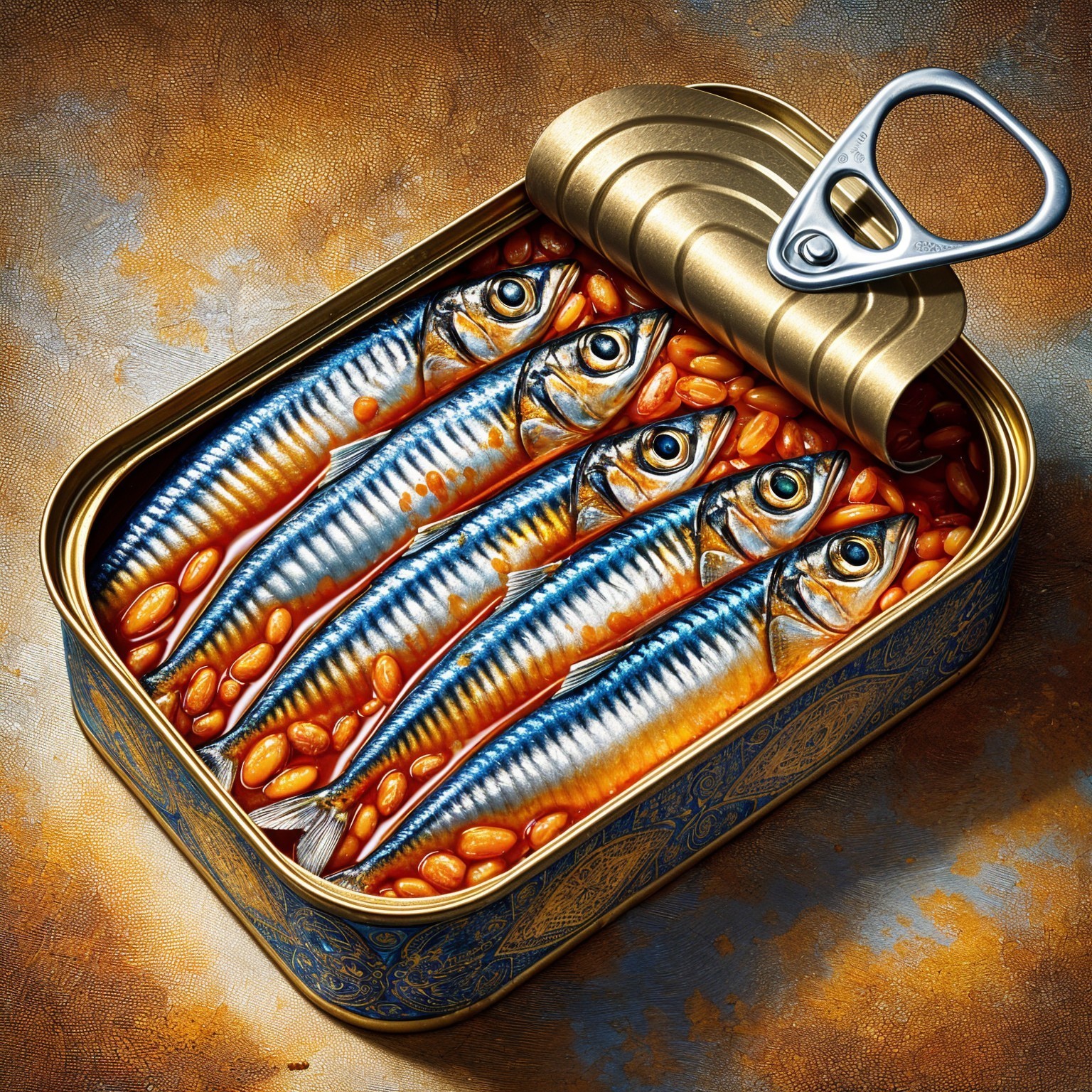 Tin Can with Silver Fish and Baked Beans Display