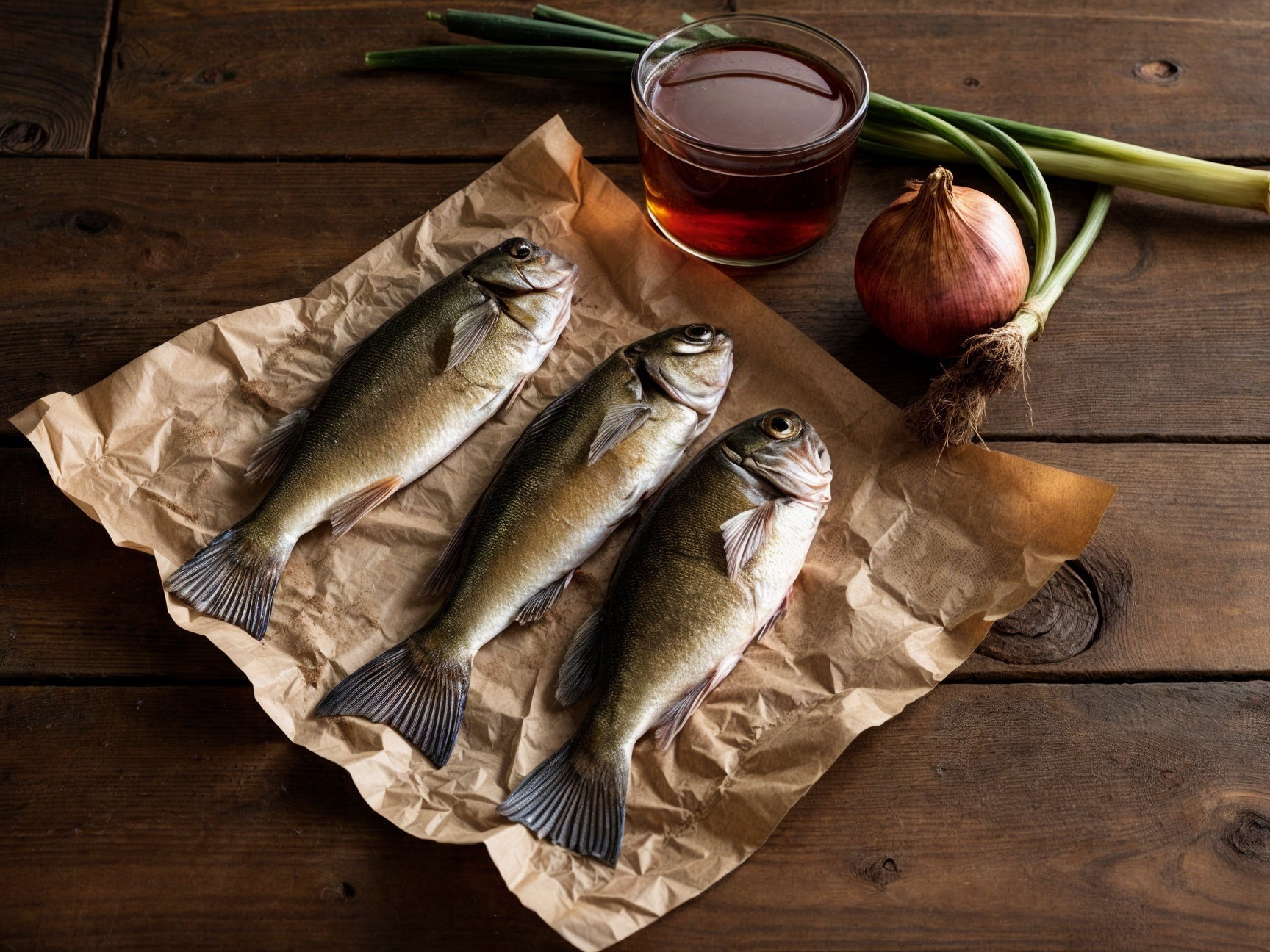 Fresh Fish on Brown Paper with Vegetables and Drink