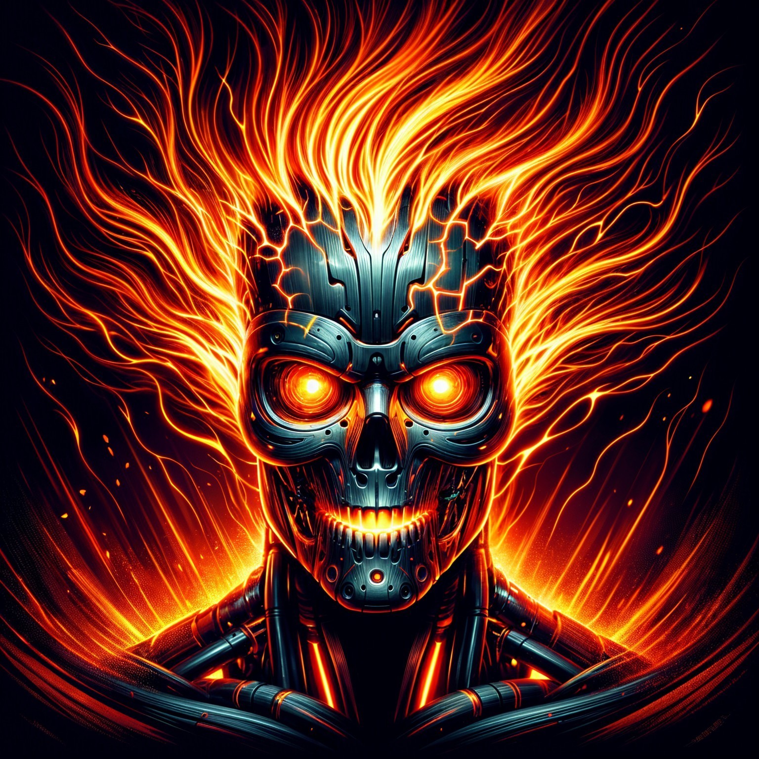 Futuristic skull with glowing eyes and fiery tendrils