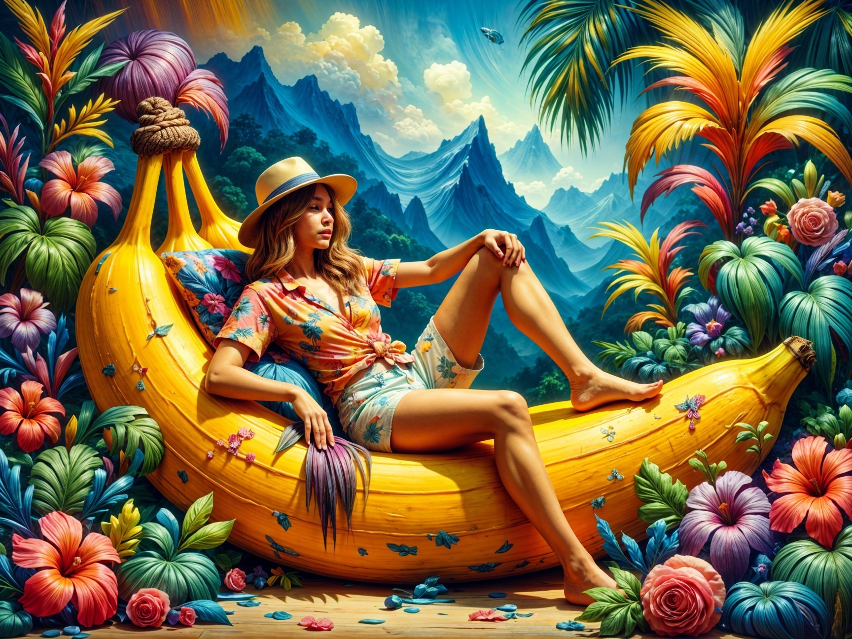 Woman on Banana Sofa in Tropical Paradise Setting