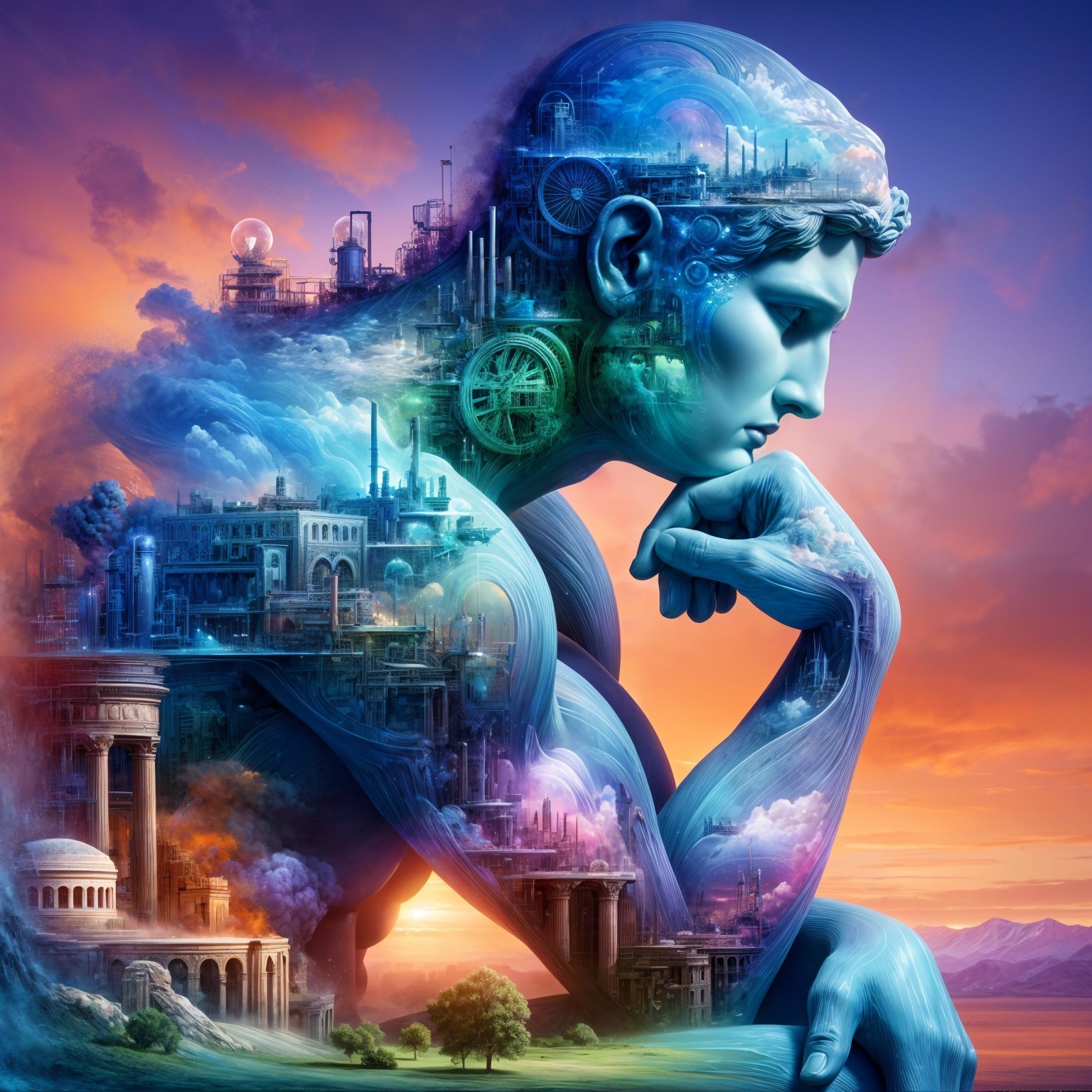 Colossal Figure Merging with Industrial Landscape