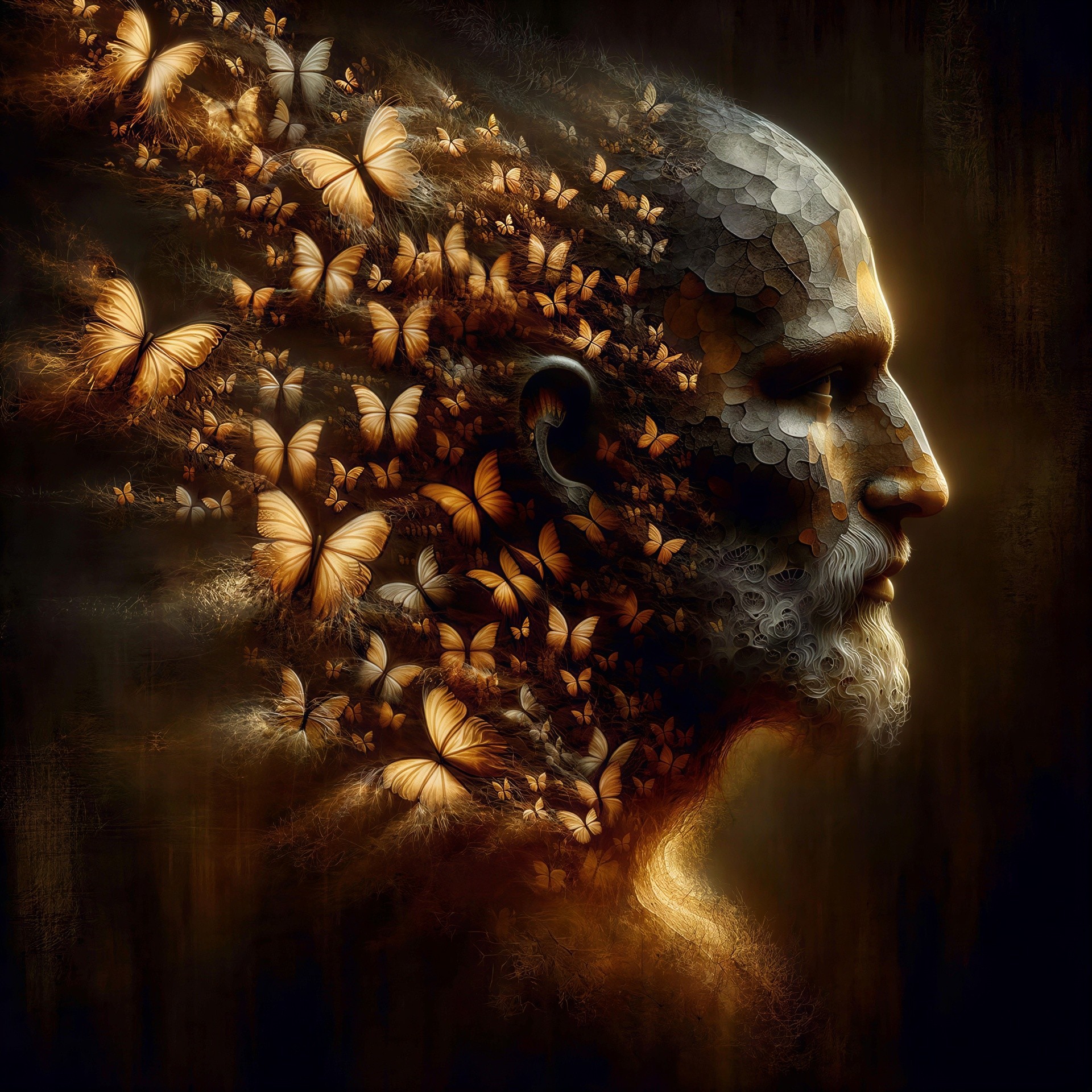 Profile of a Man with Stone Scale Skin and Butterflies