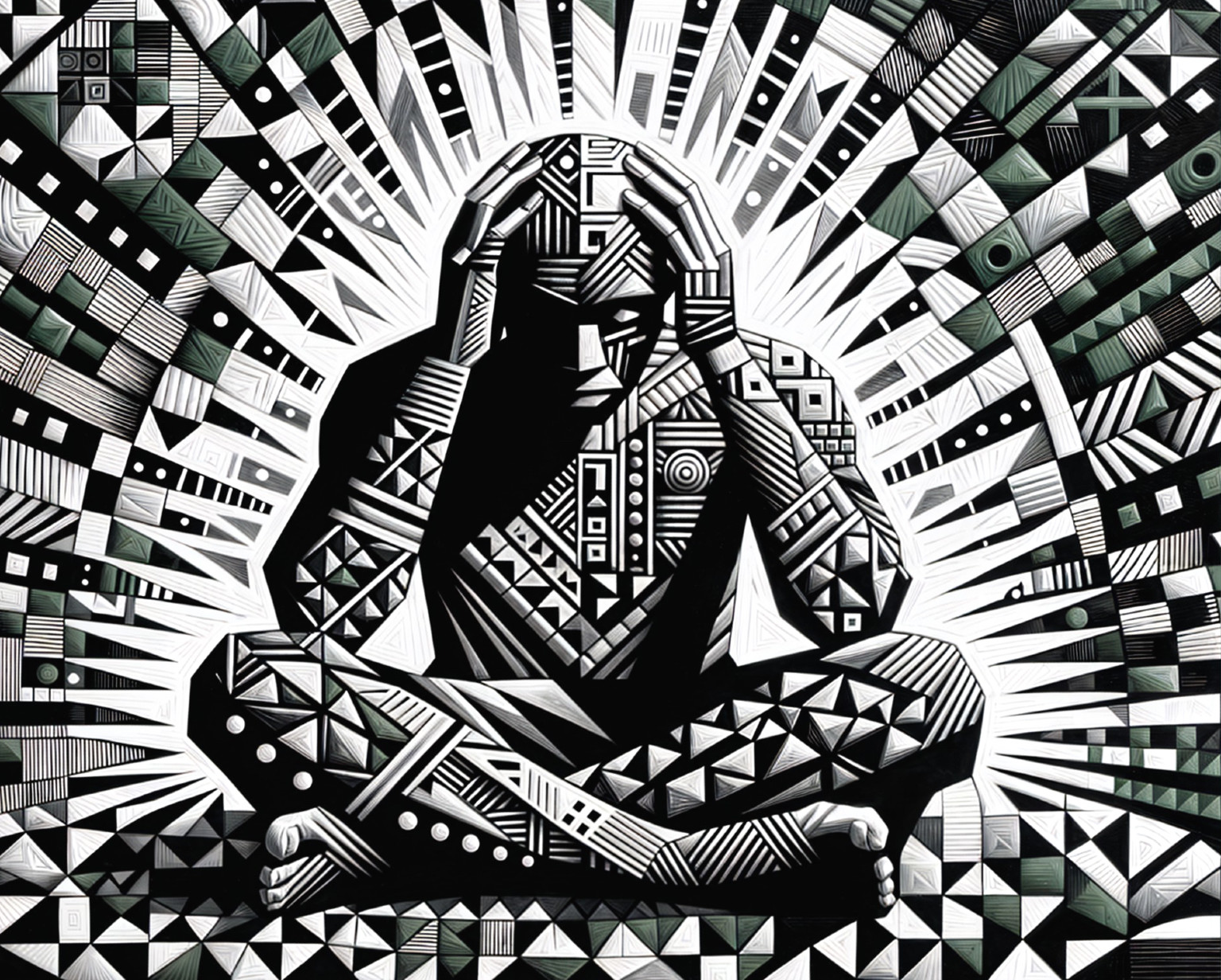 Meditative Figure Amidst Intricate Patterns and Designs