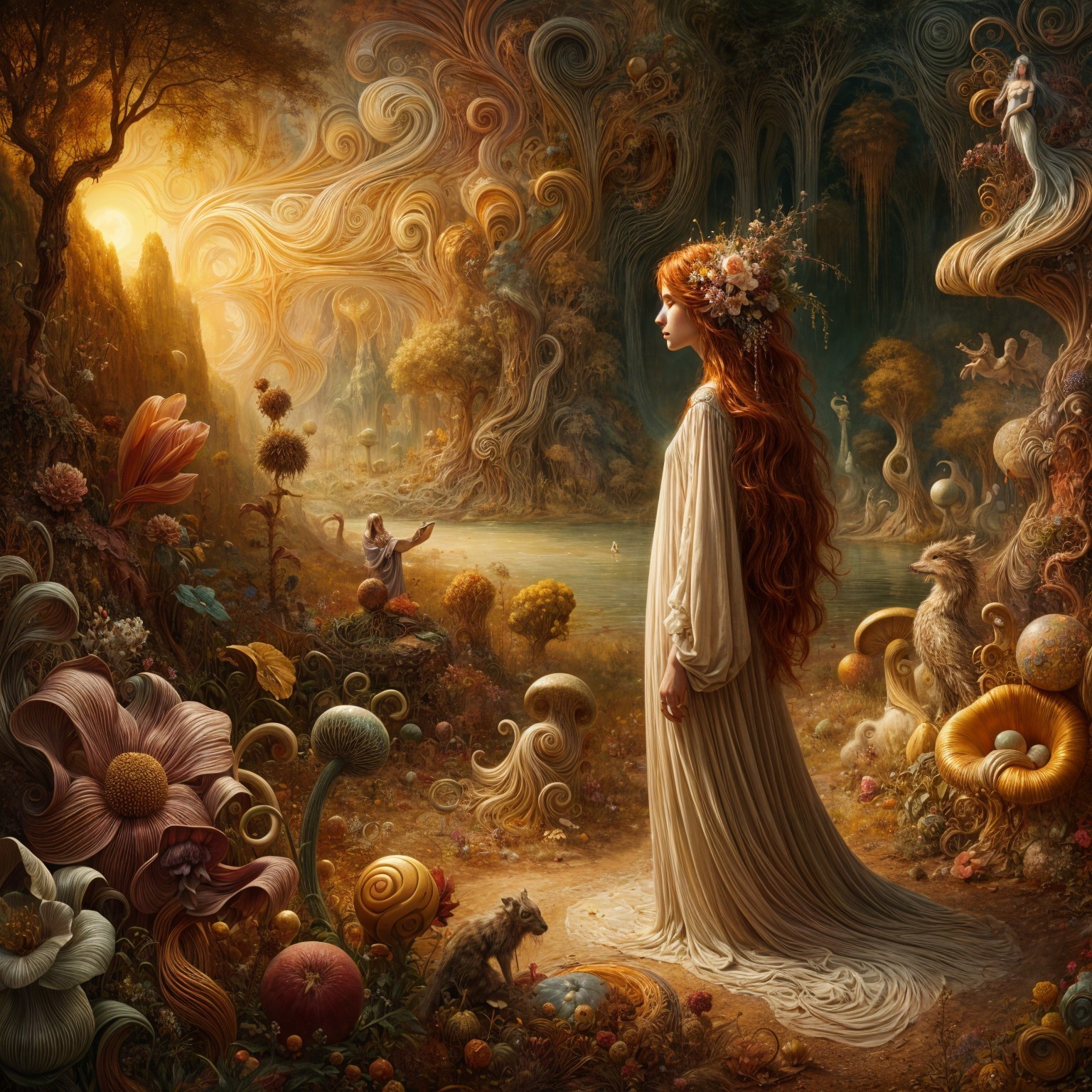 Mystical Landscape with Serene Figure and Surreal Flora