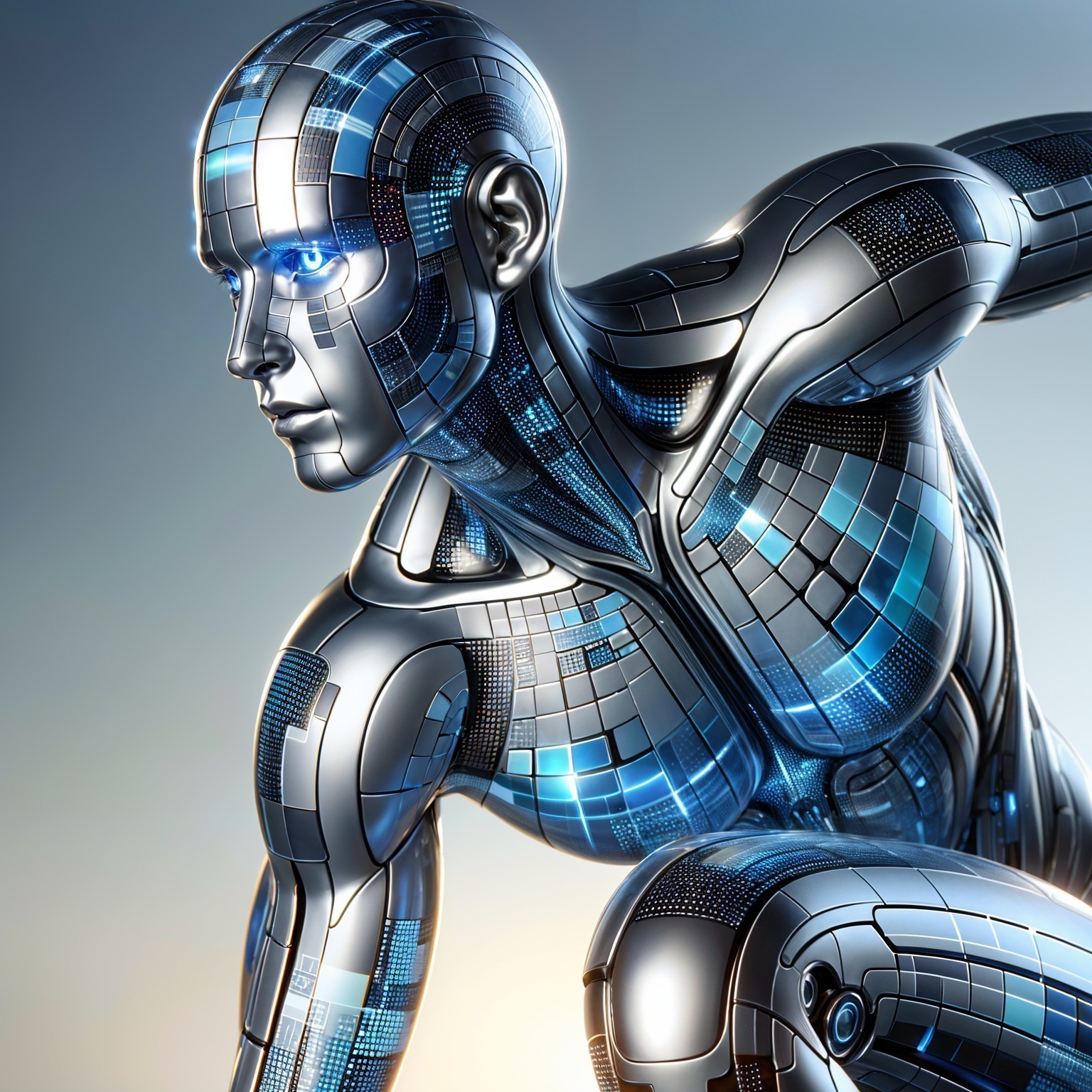 Futuristic humanoid robot with chrome and blue design