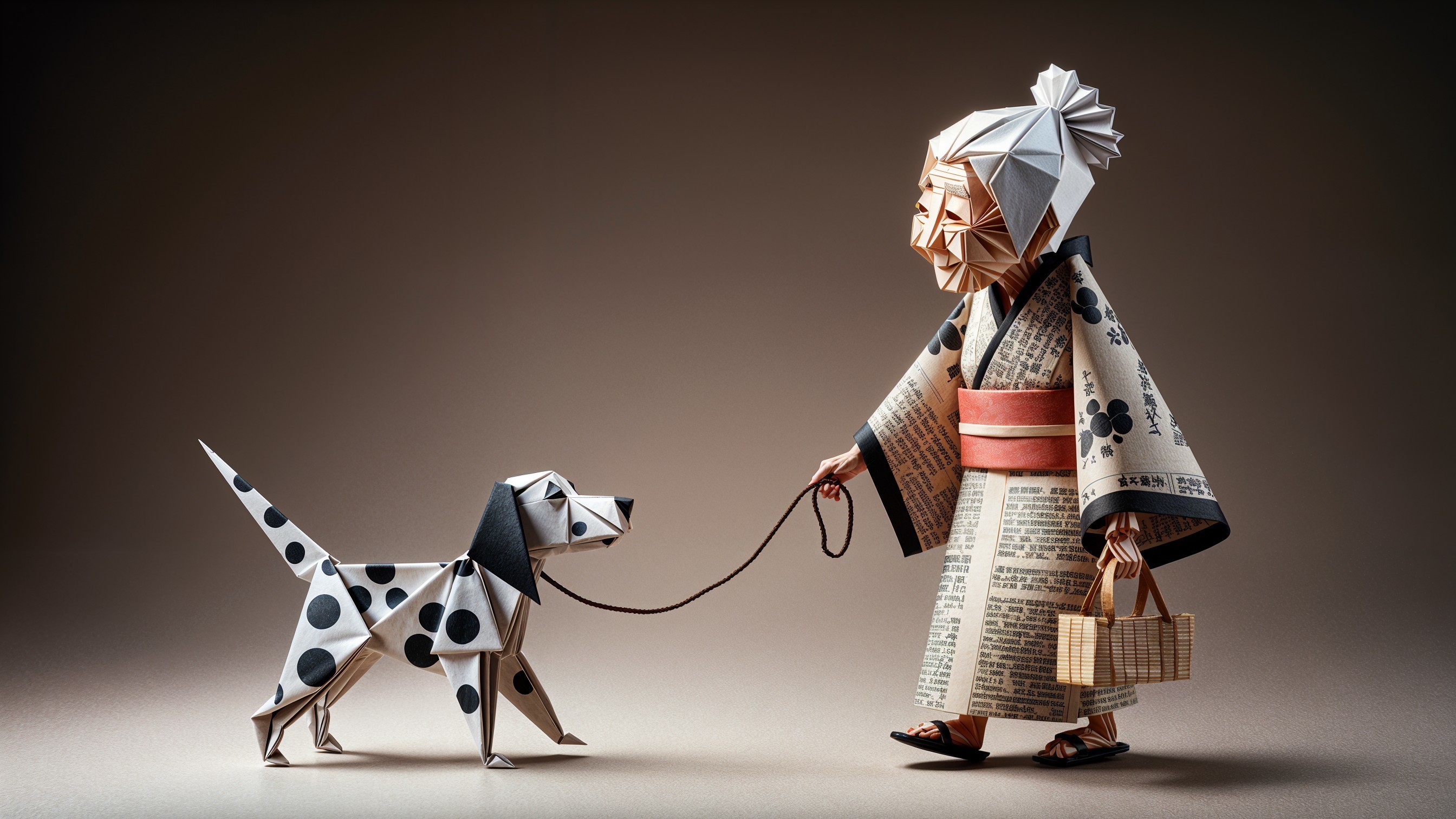 Intricate Origami Scene of Woman with Dog and Basket