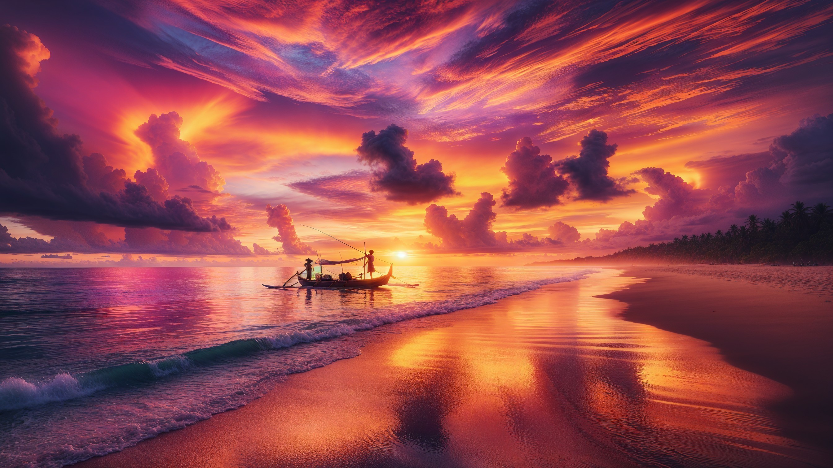 Fisherman in Small Boat at Sunset Over Vibrant Sky