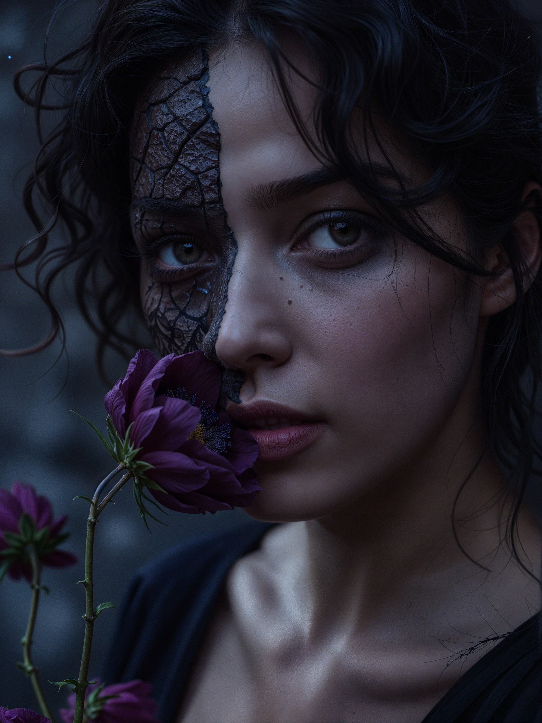 Portrait of a Woman with Cracked Patterns and Flower