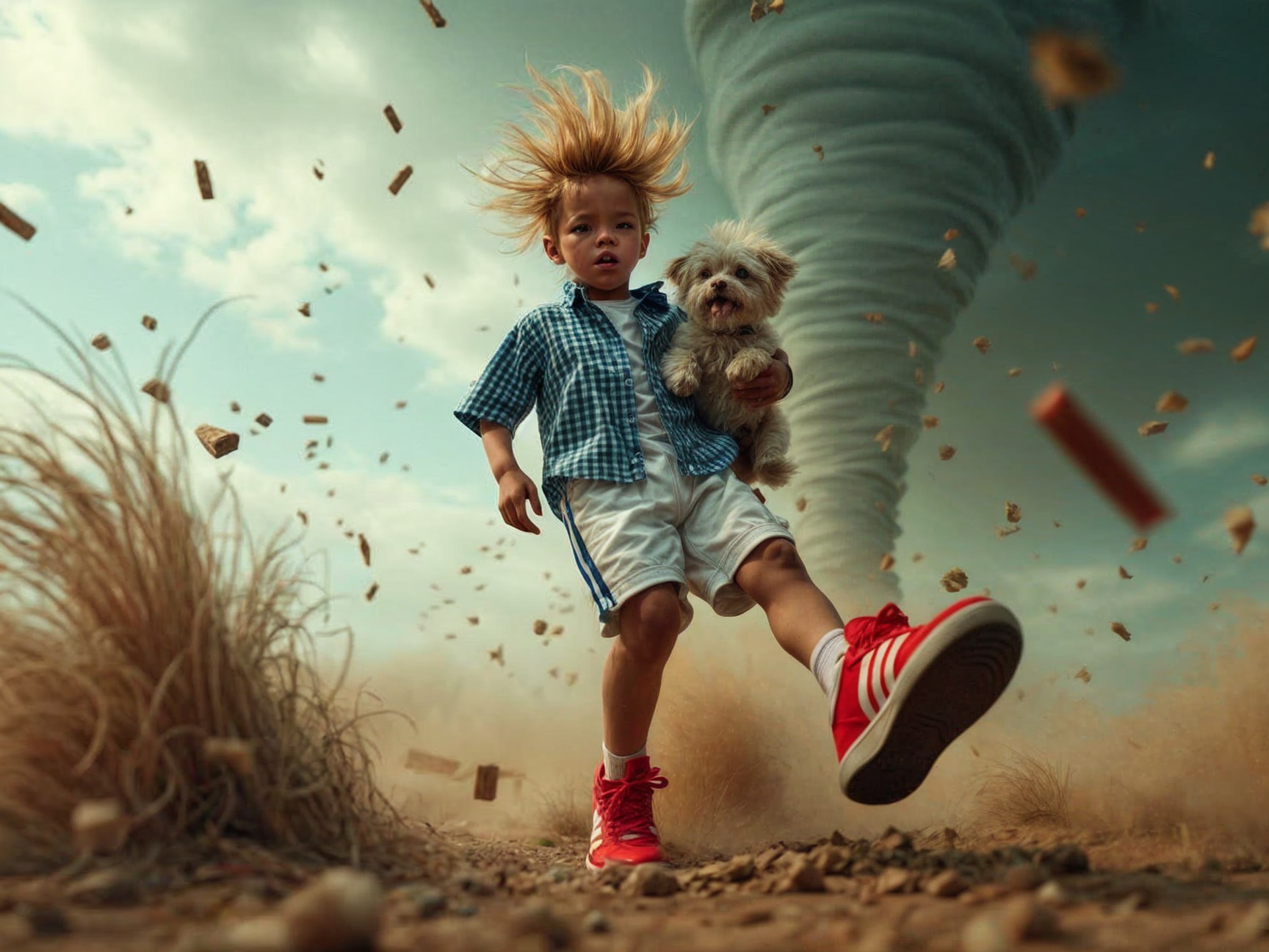 Boy and dog flee from tornado on dirt path