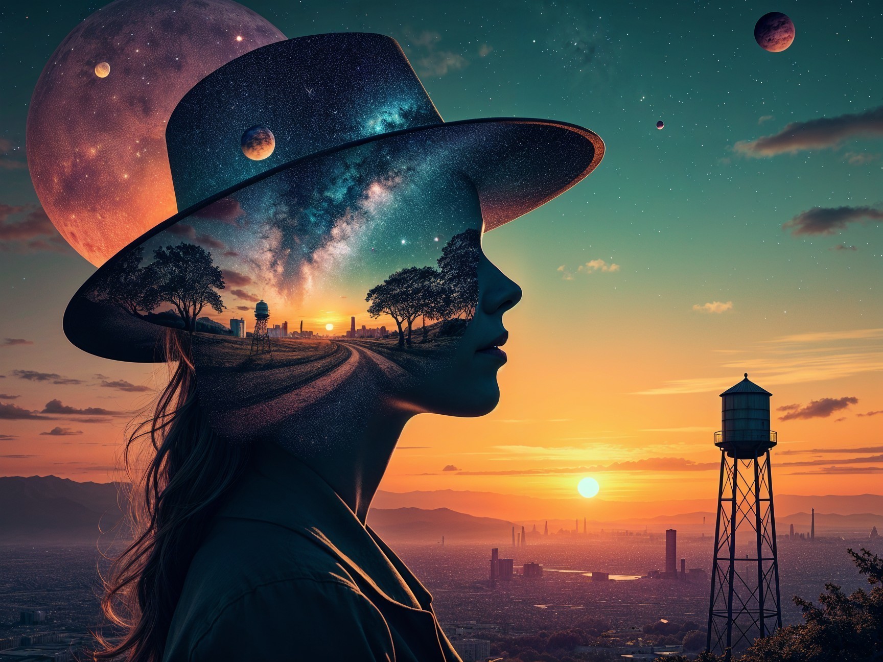 Surreal Portrait of Woman with Cosmic Landscape Elements