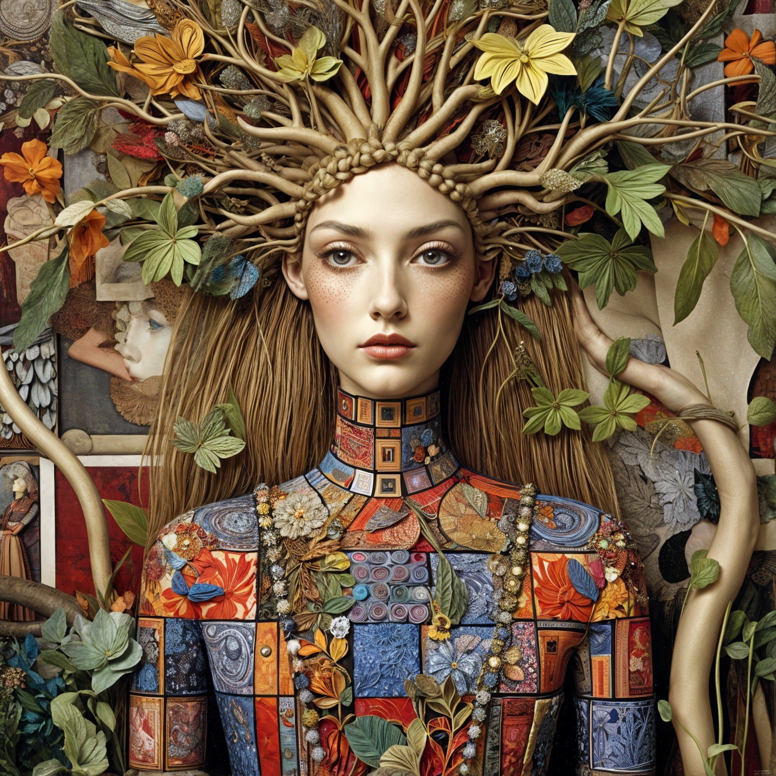 Woman in Nature-Inspired Headdress with Earthy Tones