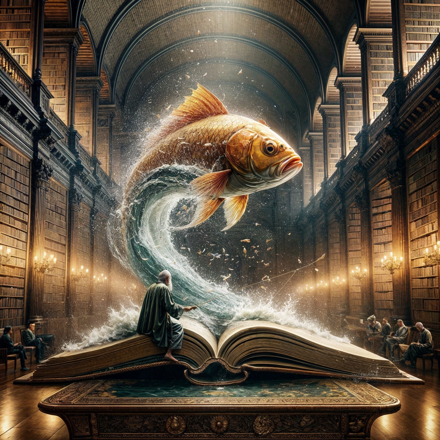 Golden fish leaps from book in a dimly lit library