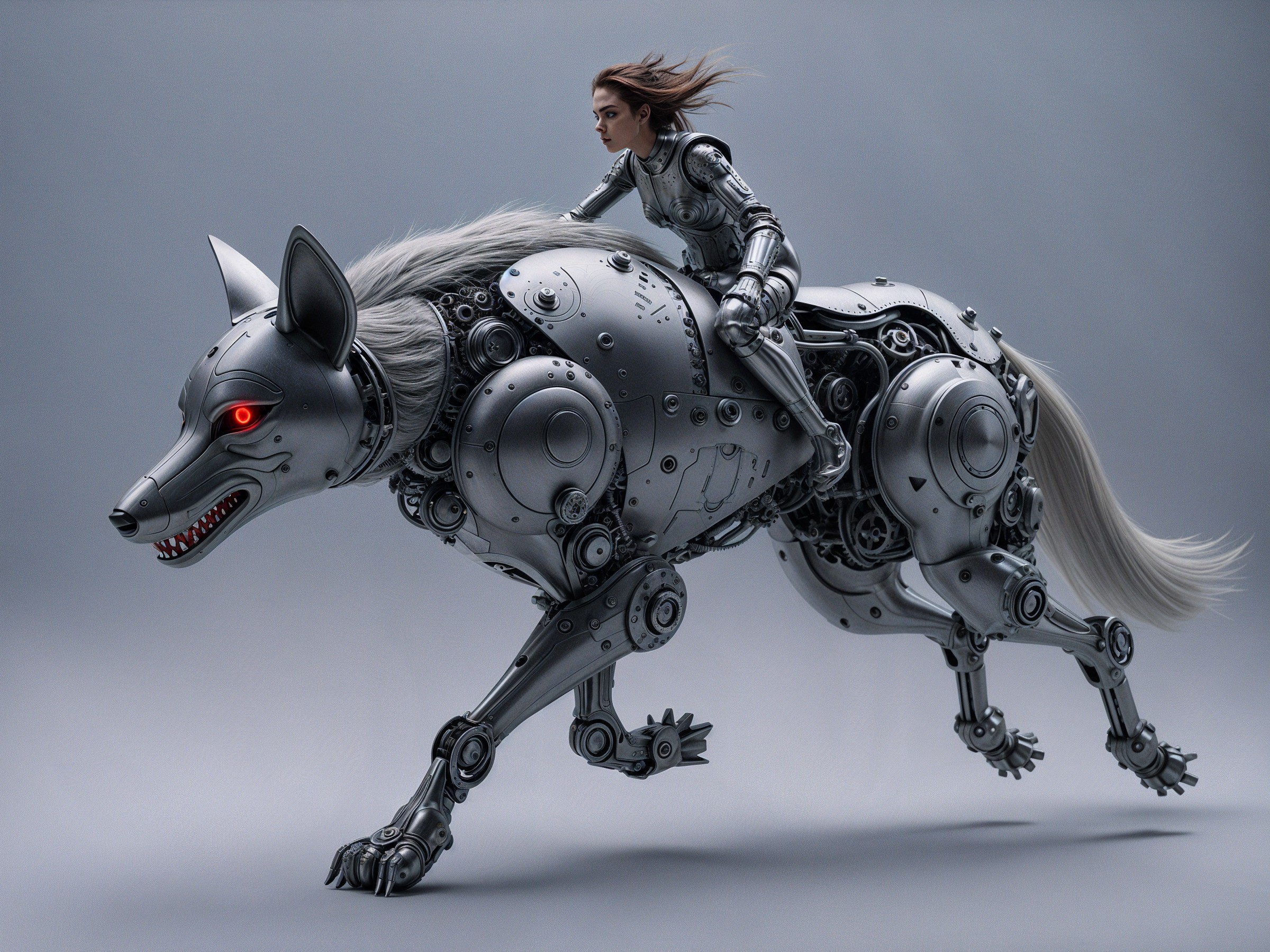 Futuristic Mechanical Wolf and Humanoid Figure Scene