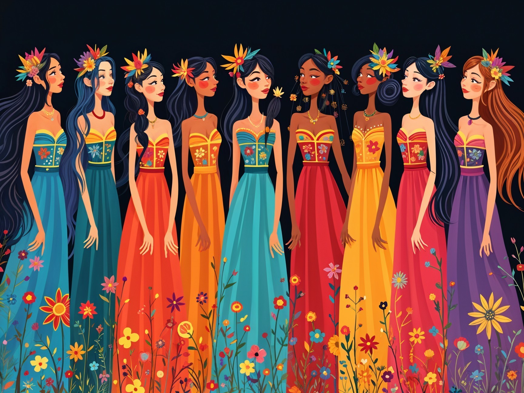 Vibrant Illustration of Diverse Women in Floral Dresses