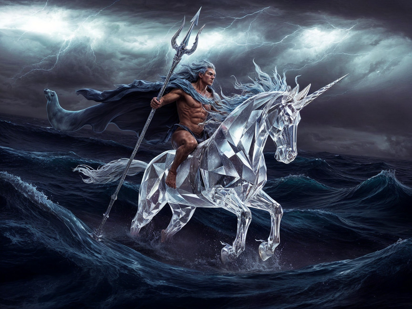 Muscular Figure on Crystal Unicorn in Ocean Waves
