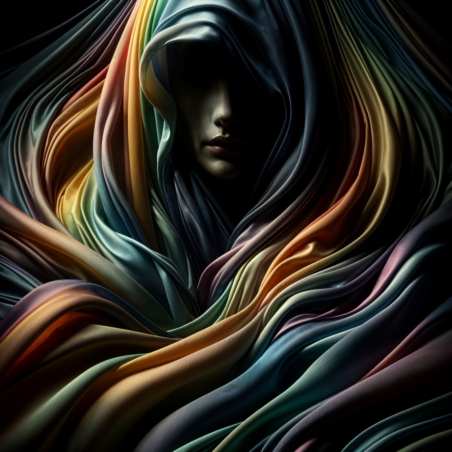 Mysterious Figure Among Colorful Flowing Fabrics