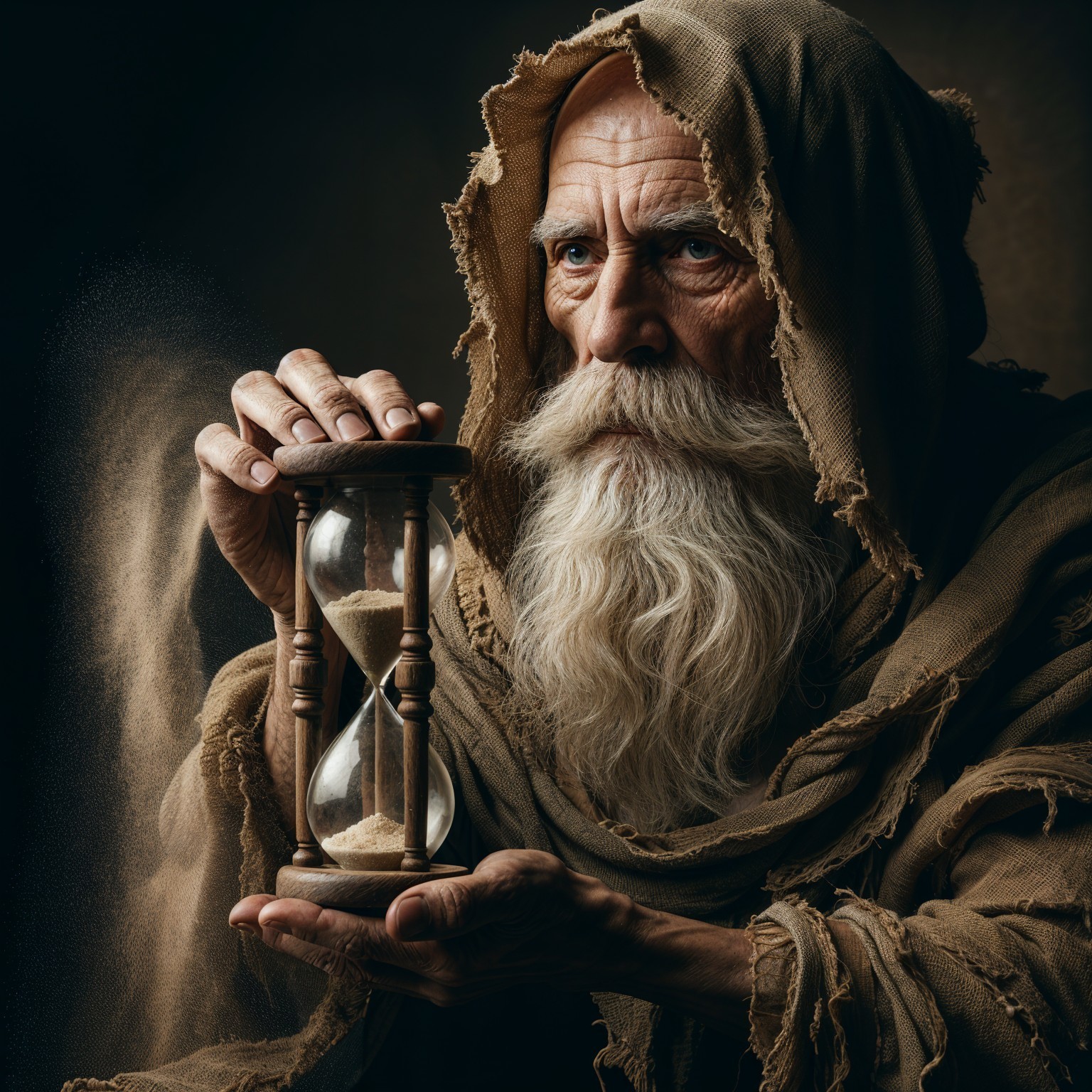 Elderly Man Contemplating Hourglass in Mystical Setting