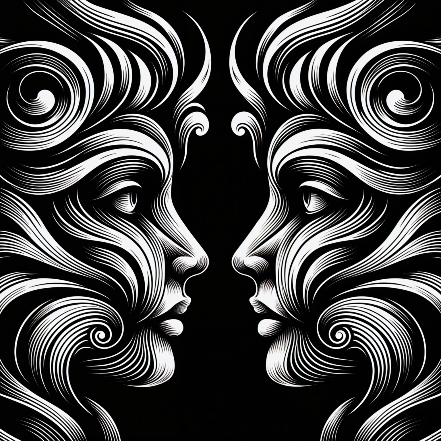 Stylized Black-and-White Female Faces in Profile