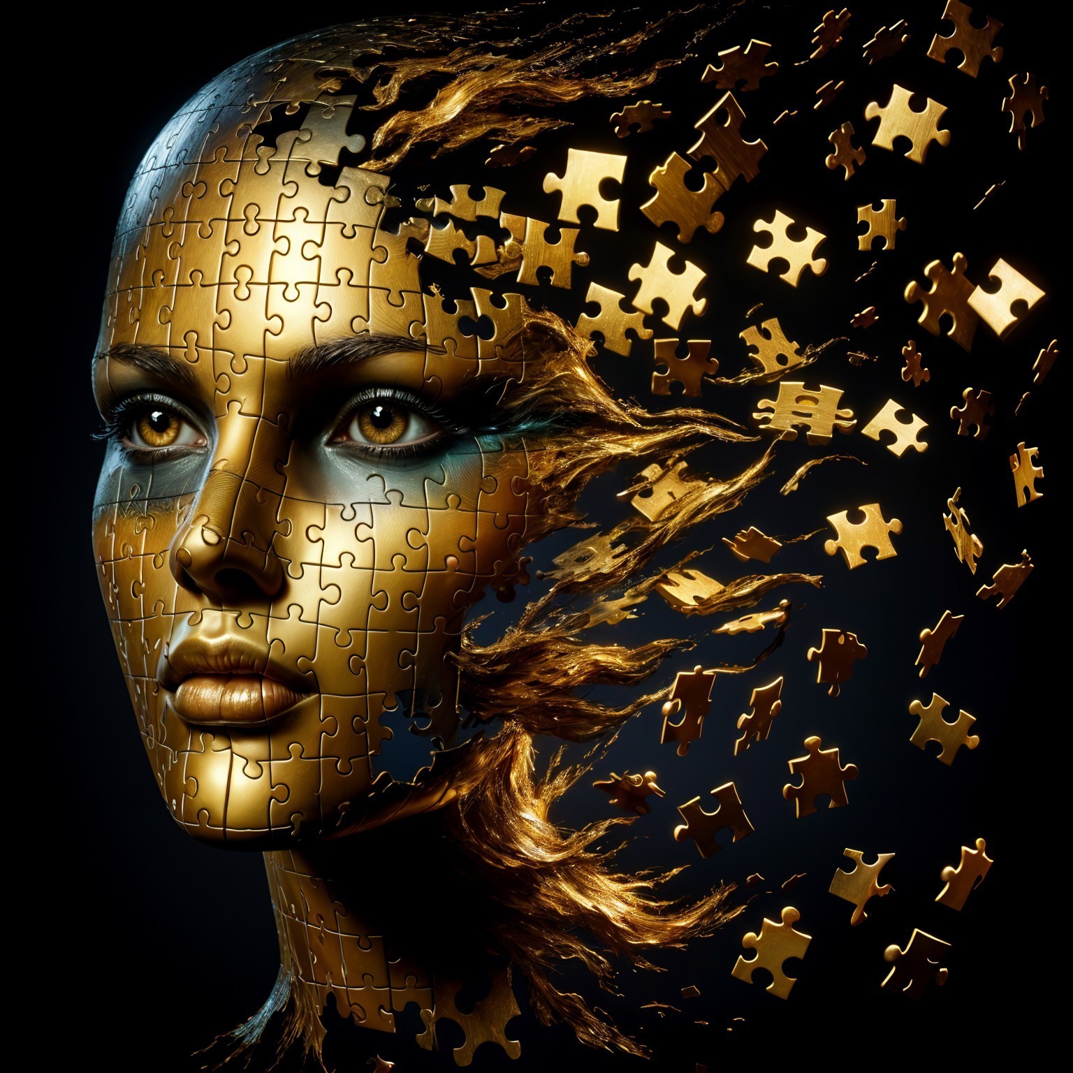 Surreal Gold-Hued Mannequin Face with Puzzle Pieces
