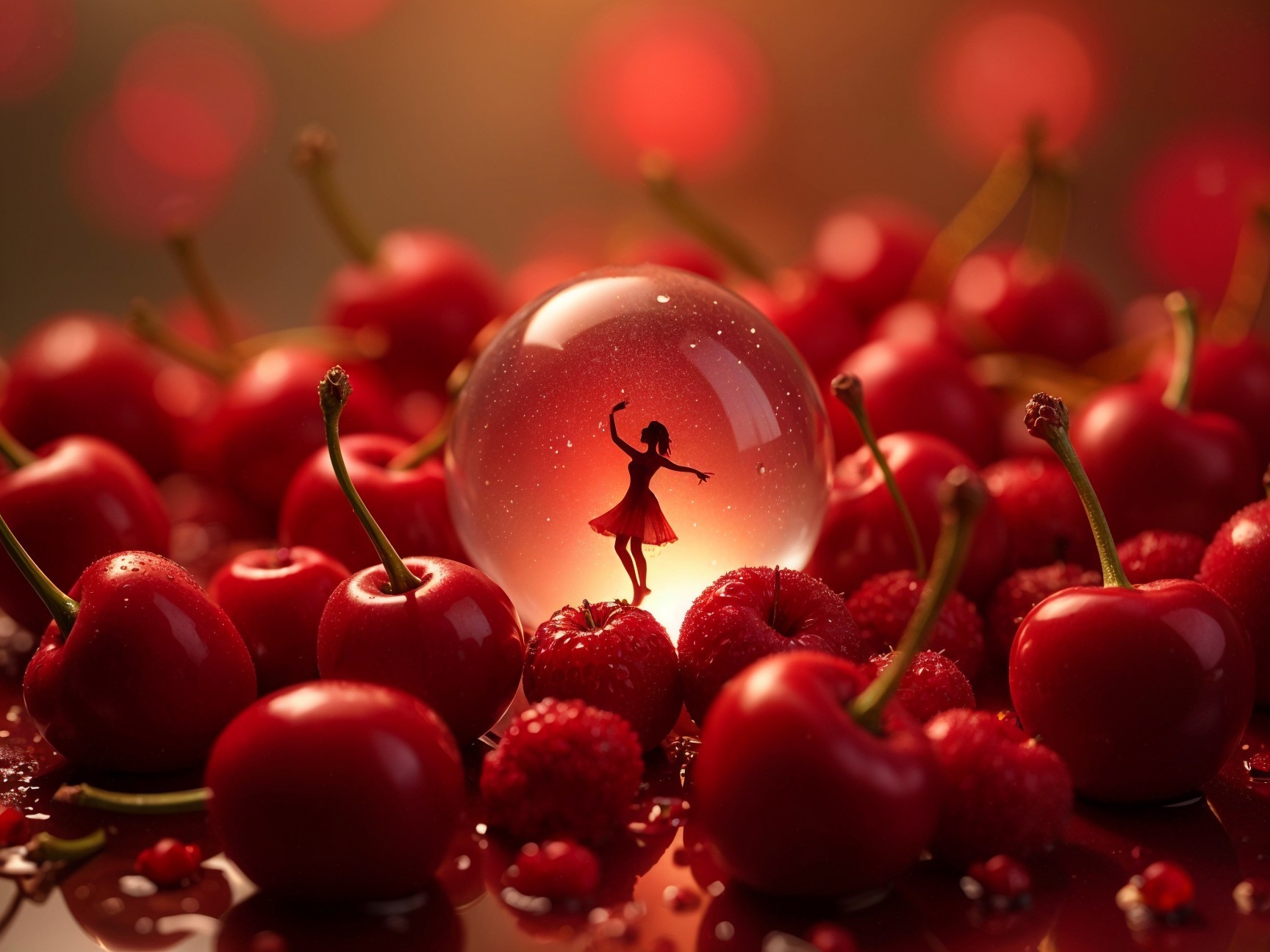 Whimsical Scene of Figure in Bubble Surrounded by Fruit