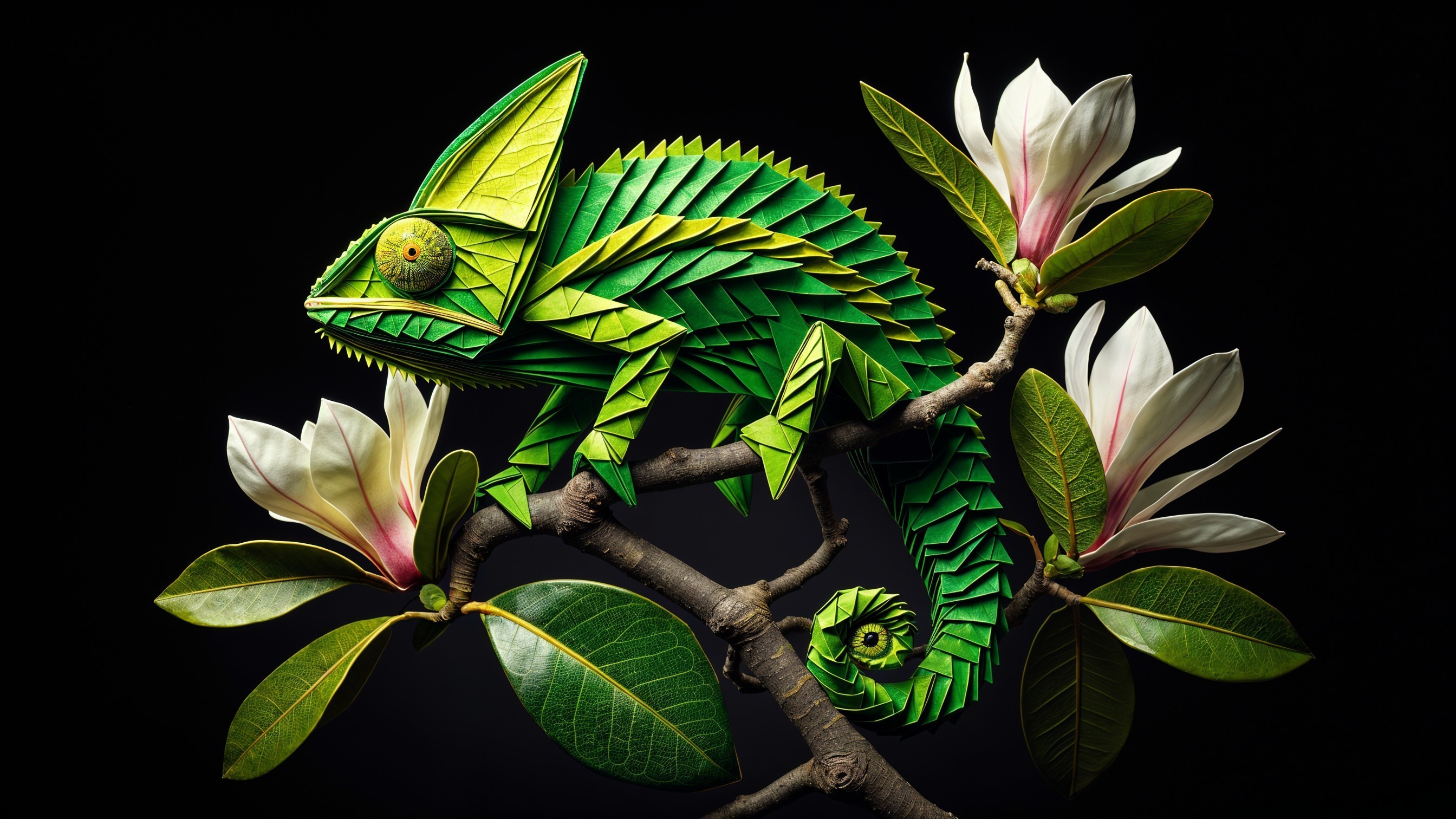 Vibrant Paper Chameleon on Magnolia Tree Branch