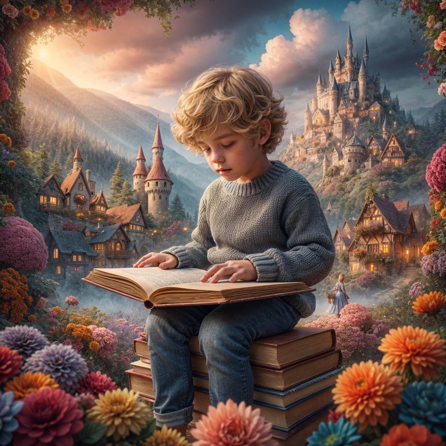 Young Boy Reading in a Colorful Fantasy Landscape