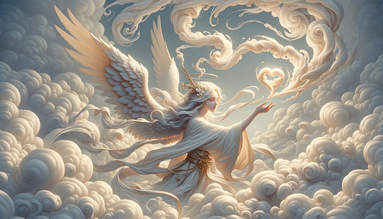 Angelic Being in Soft Clouds with Glowing Heart Light