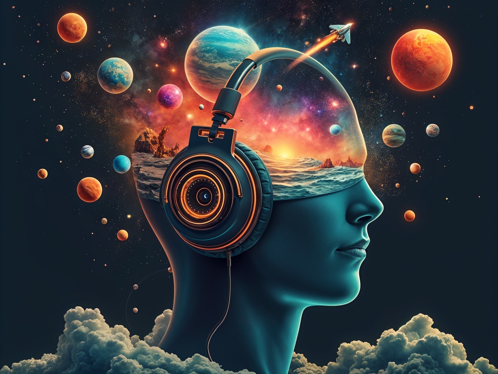Surreal Human Head with Cosmic Landscape and Spaceship