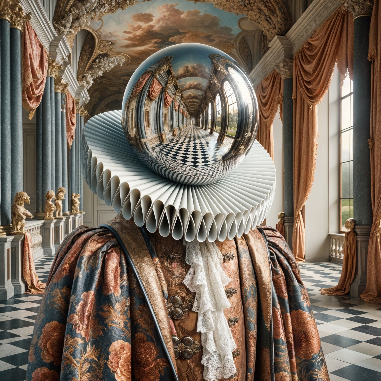 Grand Interior with Ornate Architecture and Surreal Attire