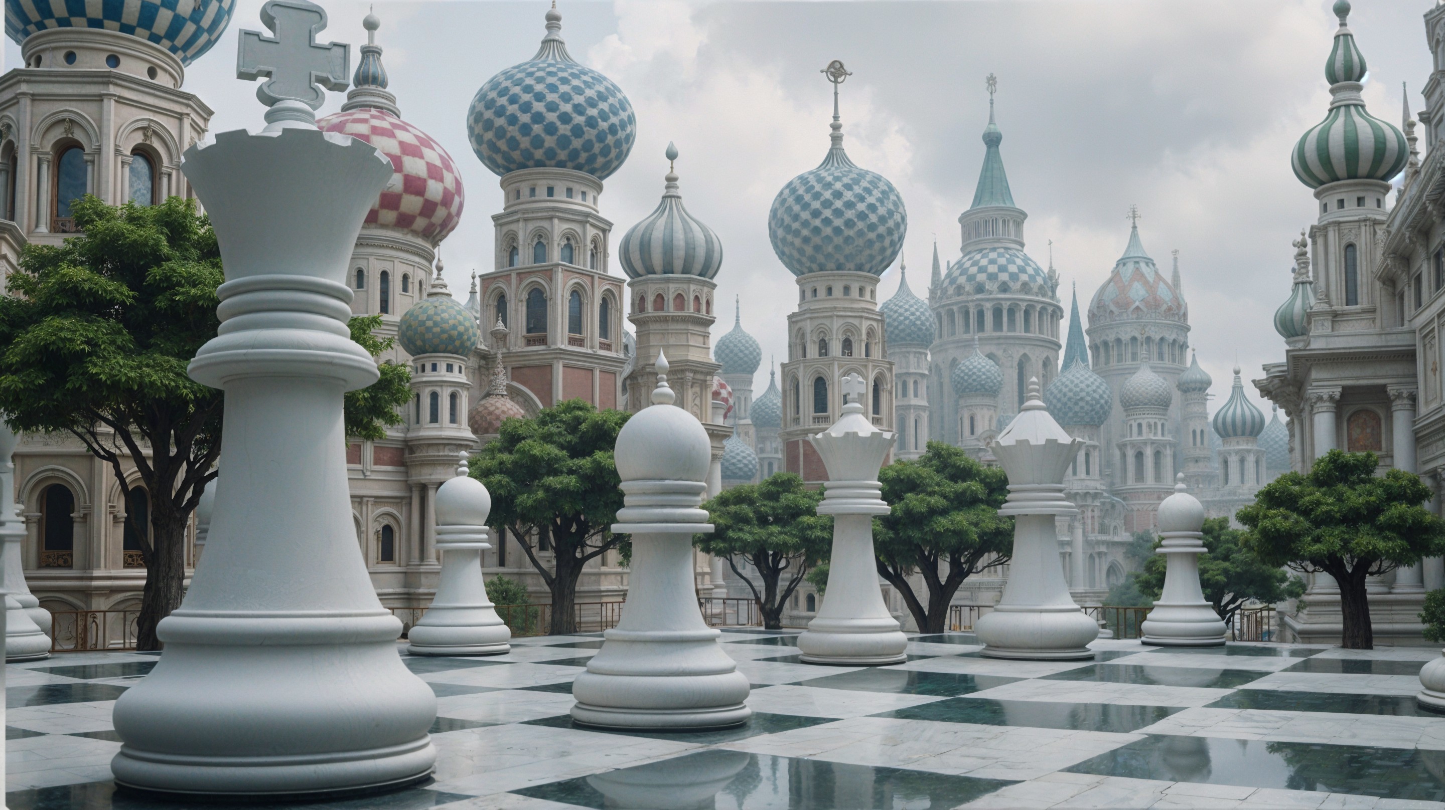 Surreal Chessboard Landscape with Oversized Pieces