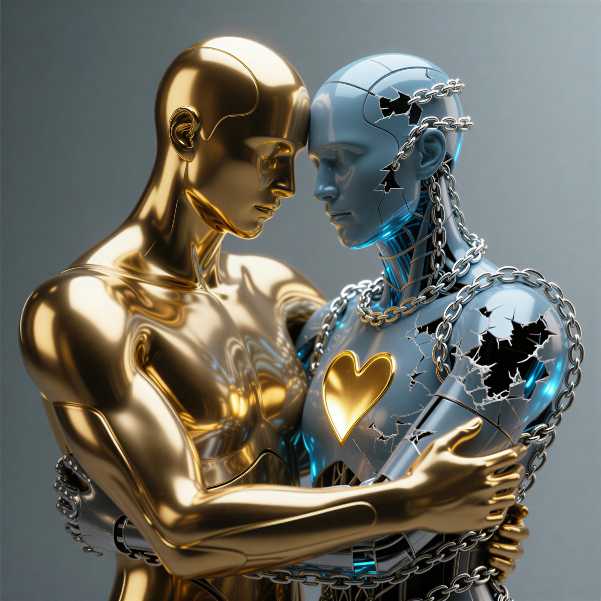 Humanoid Figures Embracing: Gold and Blue Contrast